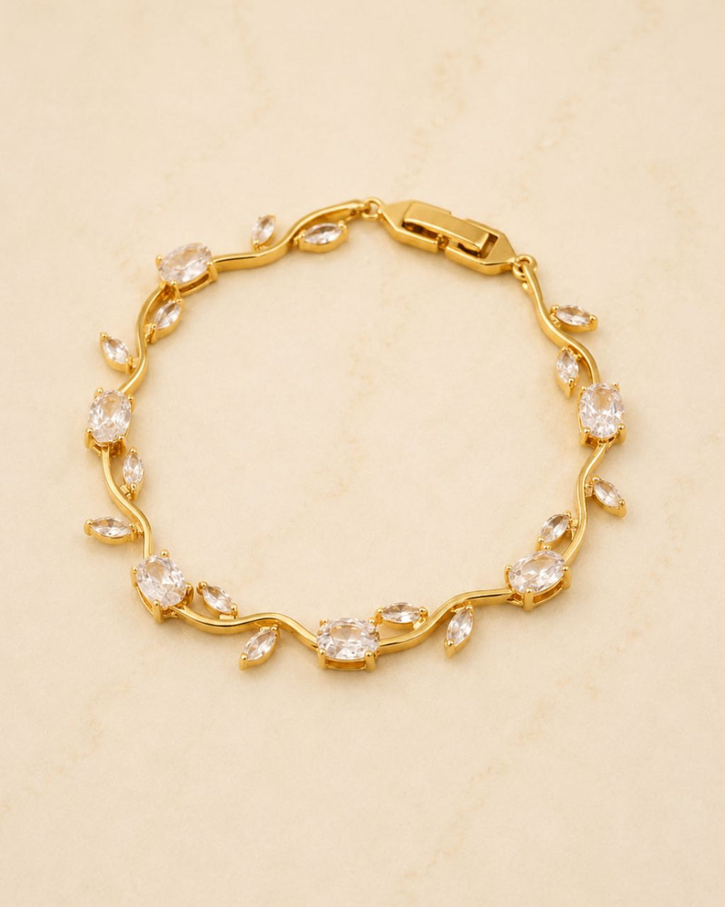 Gold Tone Tulip Crystal Bracelet with Floral Vine Design