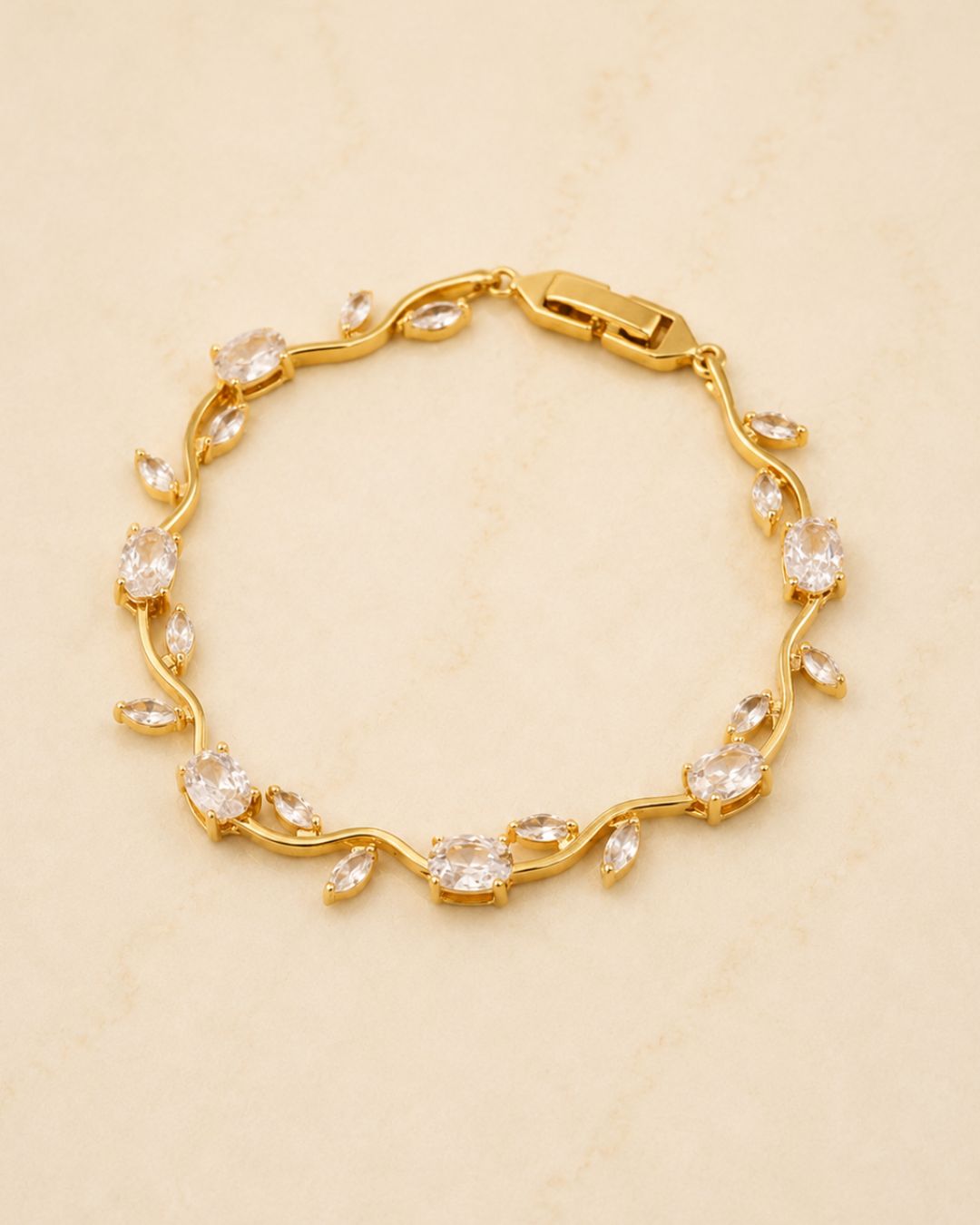 Gold Tone Tulip Crystal Bracelet with Floral Vine Design