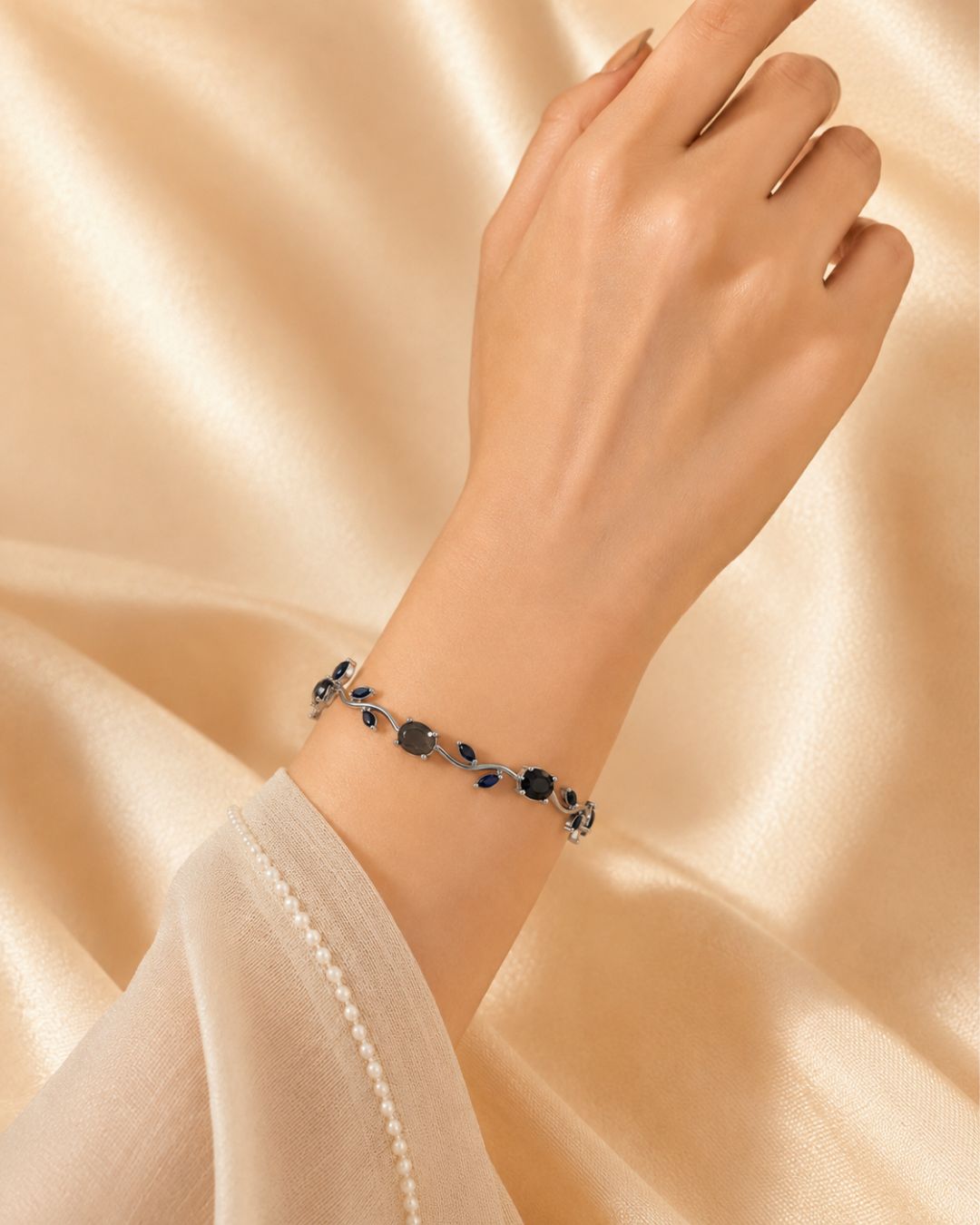 Silver Tulip Crystal Bracelet with Floral Vine Design