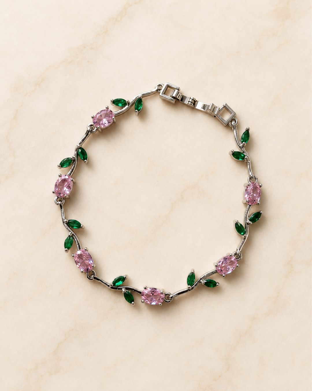 Silver Tulip Crystal Bracelet with Floral Vine Design