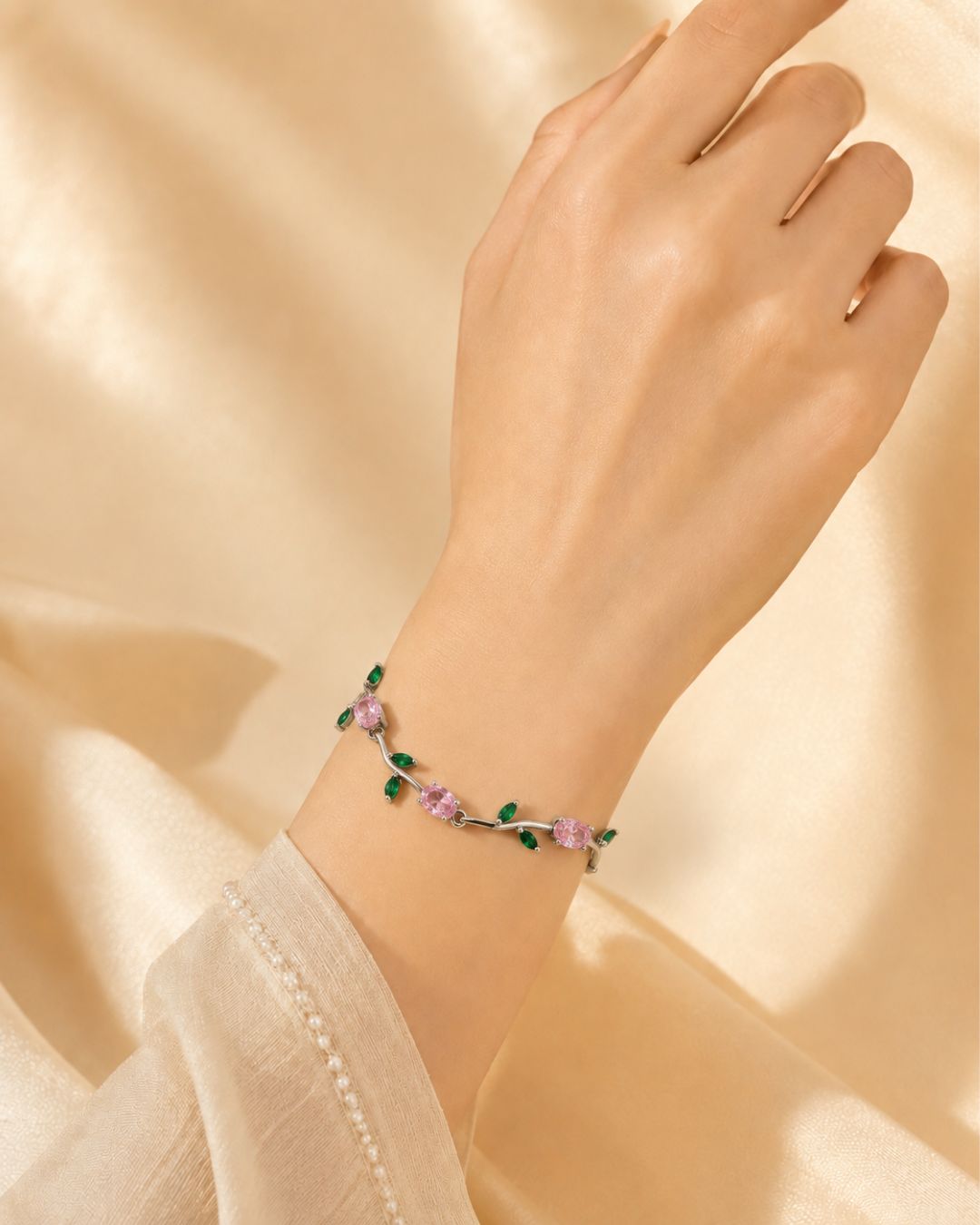 Silver Tulip Crystal Bracelet with Floral Vine Design