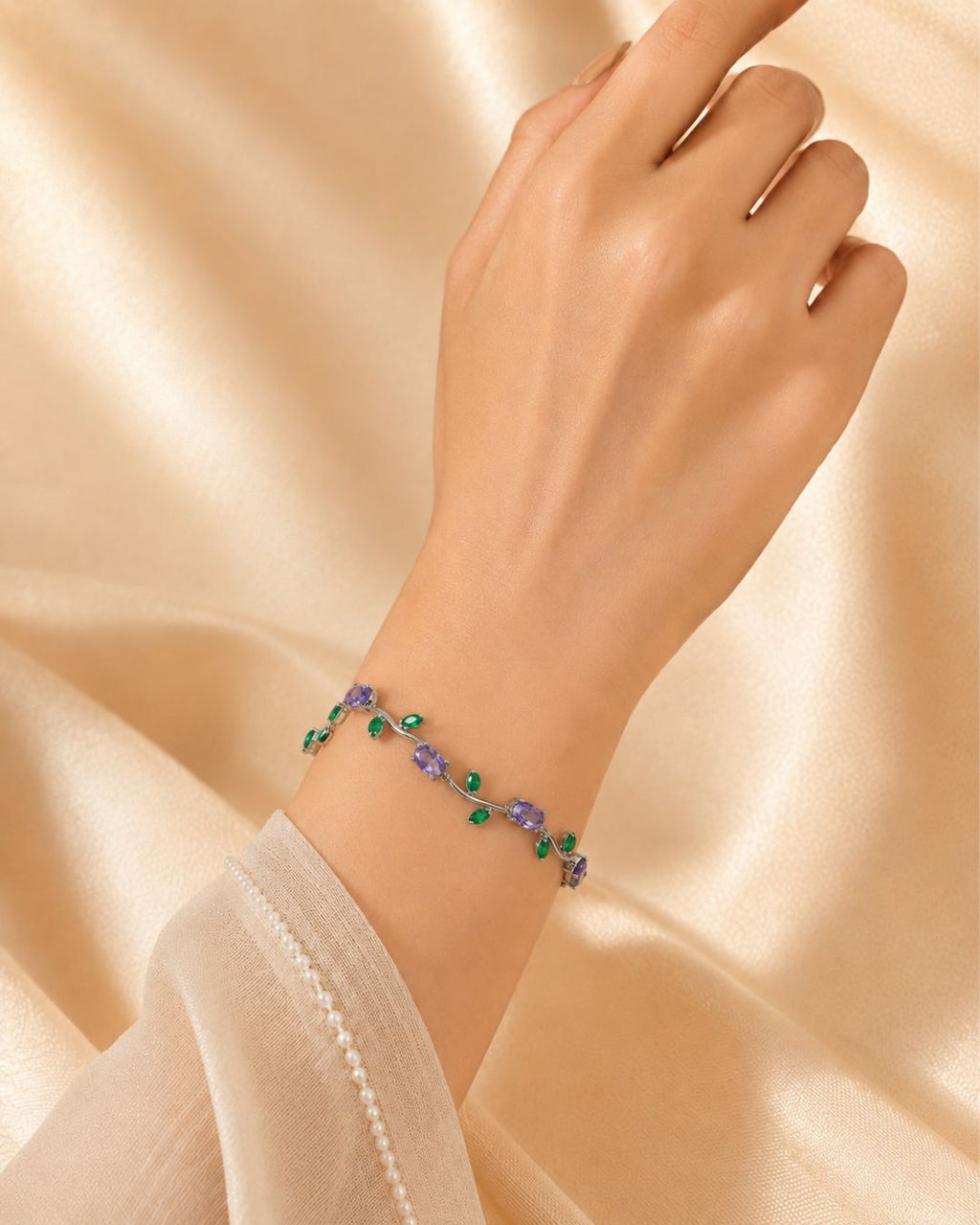Silver Tulip Crystal Bracelet with Floral Vine Design