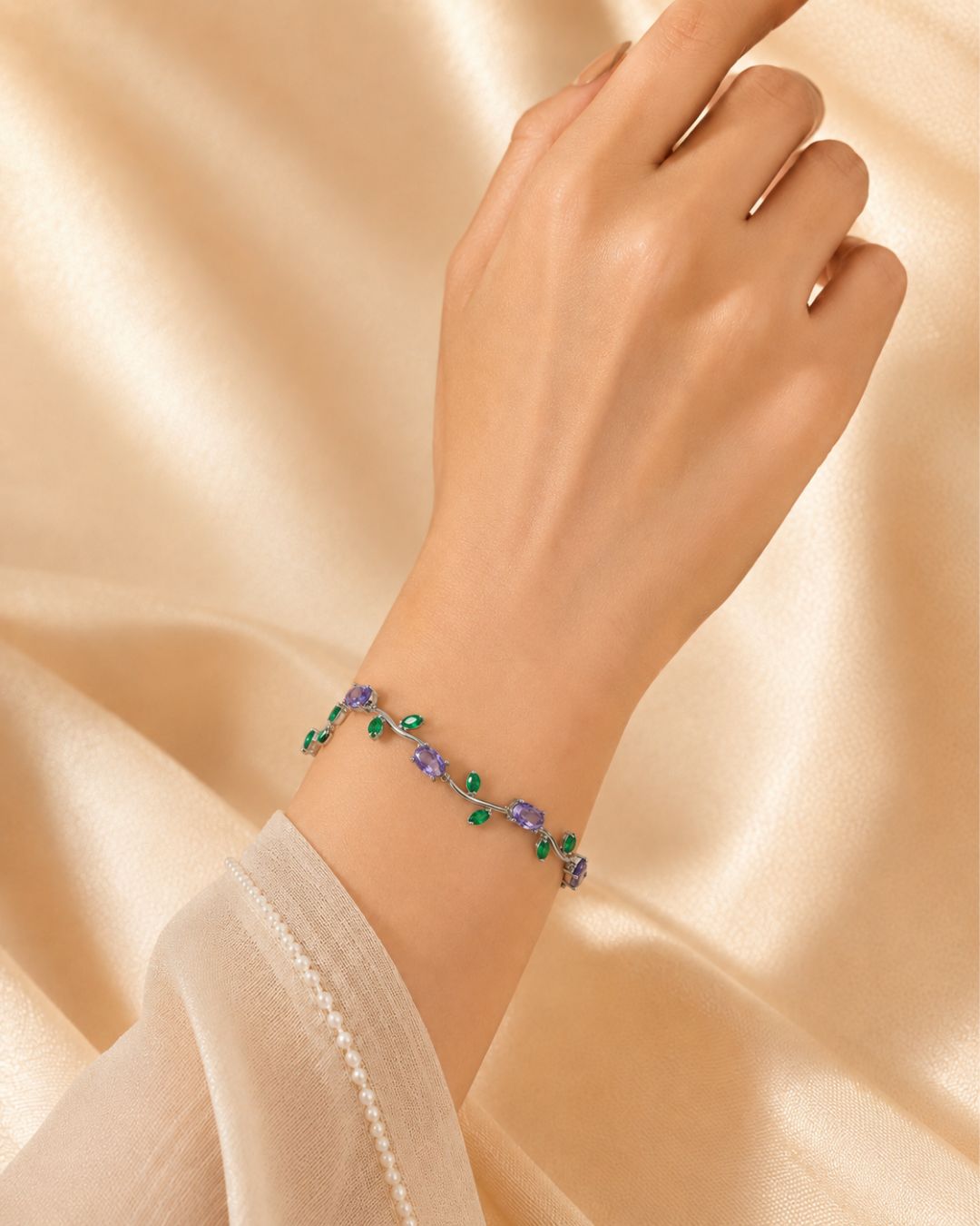 Silver Tulip Crystal Bracelet with Floral Vine Design