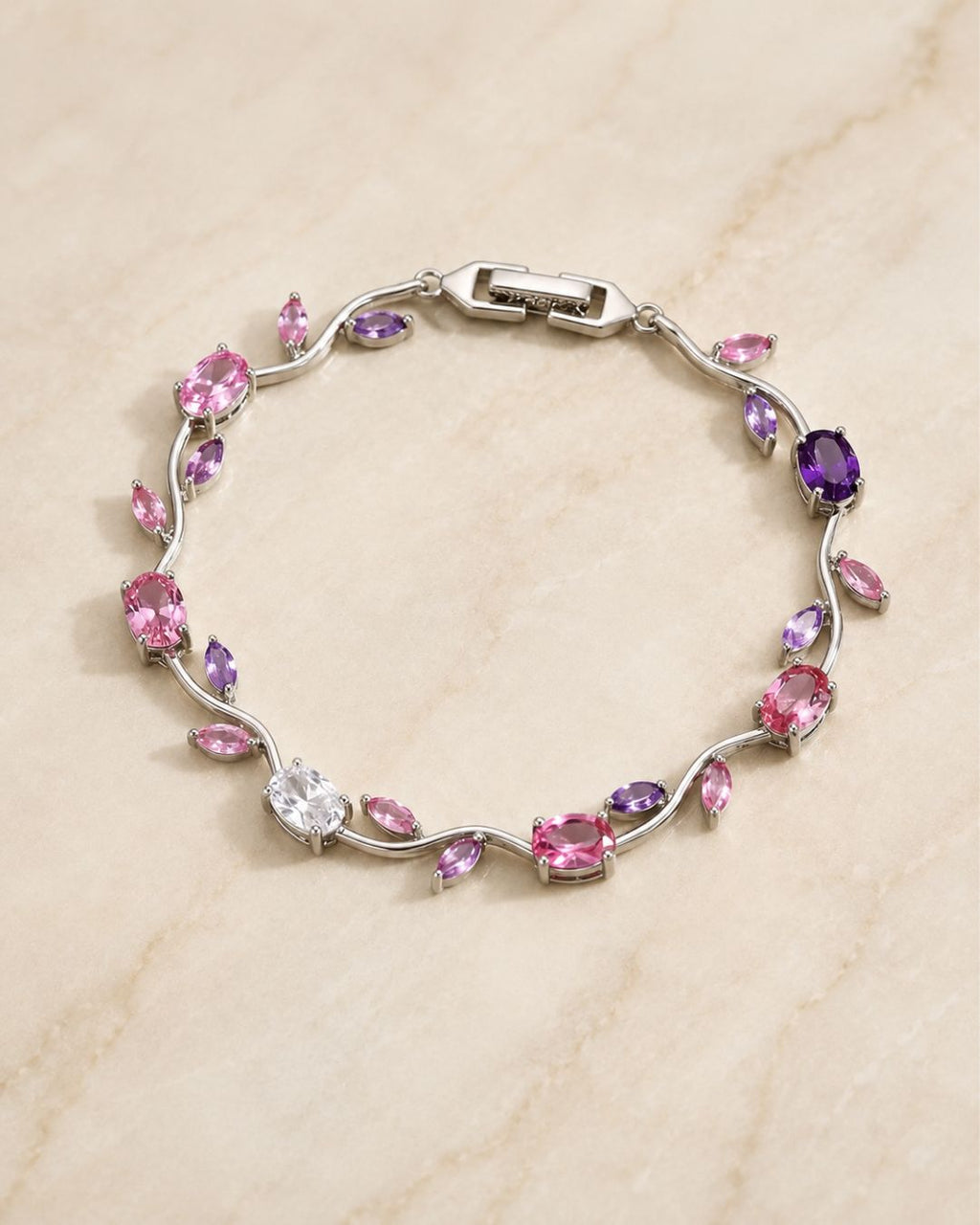Silver Tulip Crystal Bracelet with Floral Vine Design