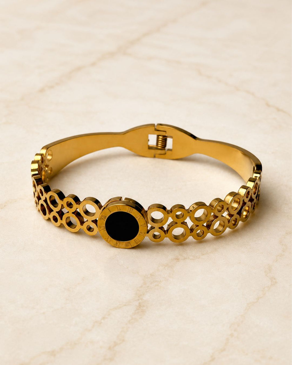 Gold Stainless Steel Roman Dial Cuff Bracelet