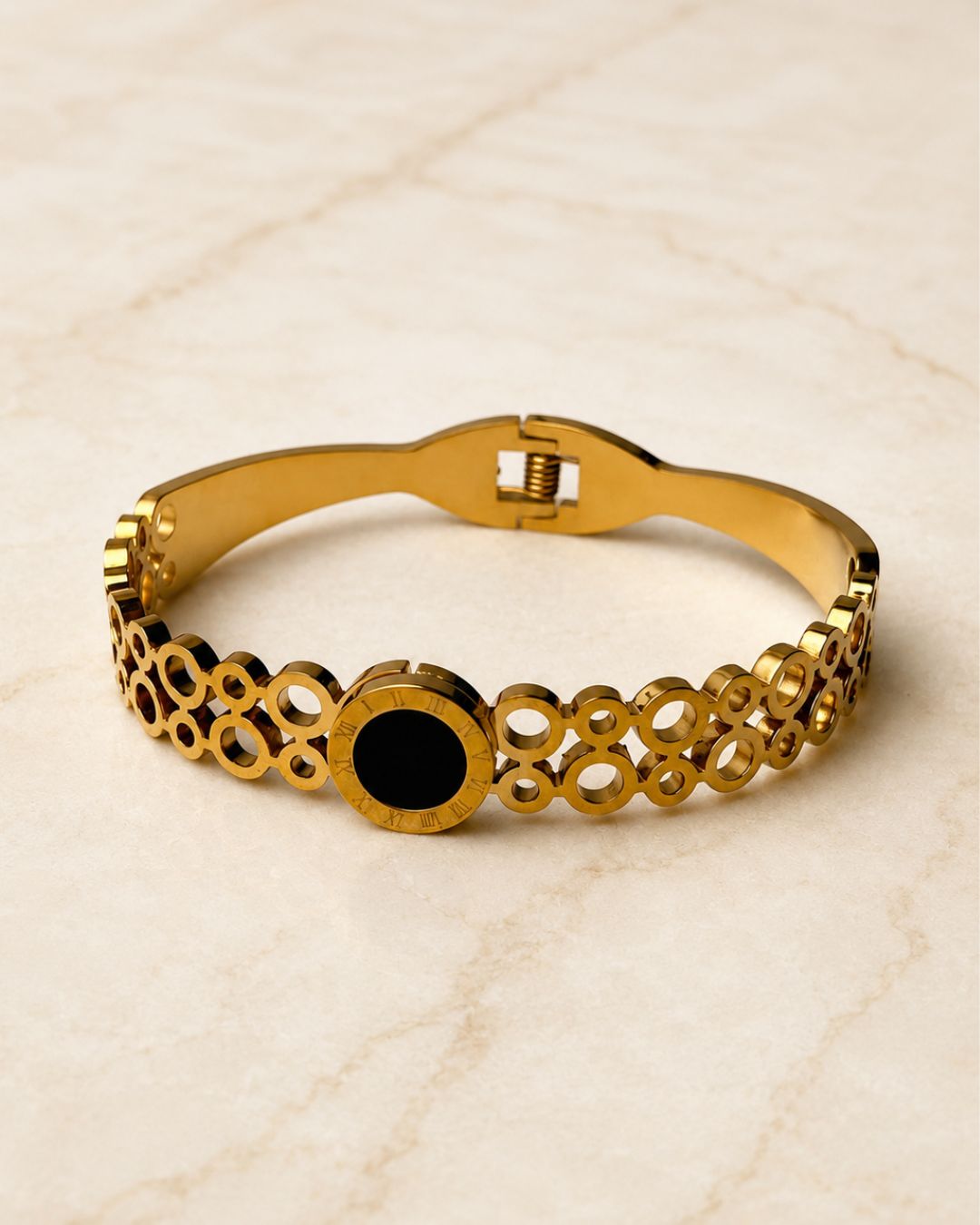 Gold Stainless Steel Roman Dial Cuff Bracelet
