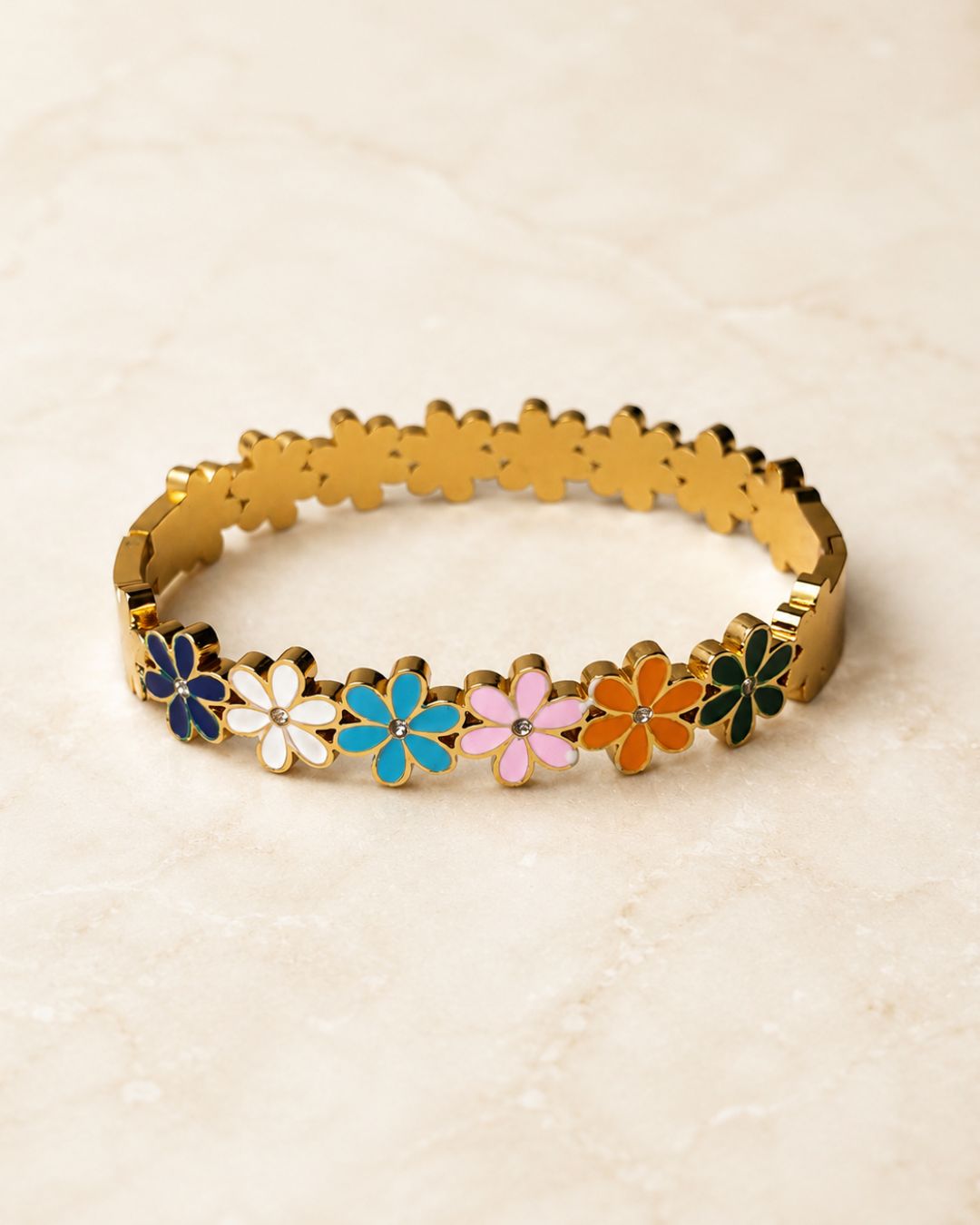 Stainless Steel Gold Multi Flower Cuff Bracelet