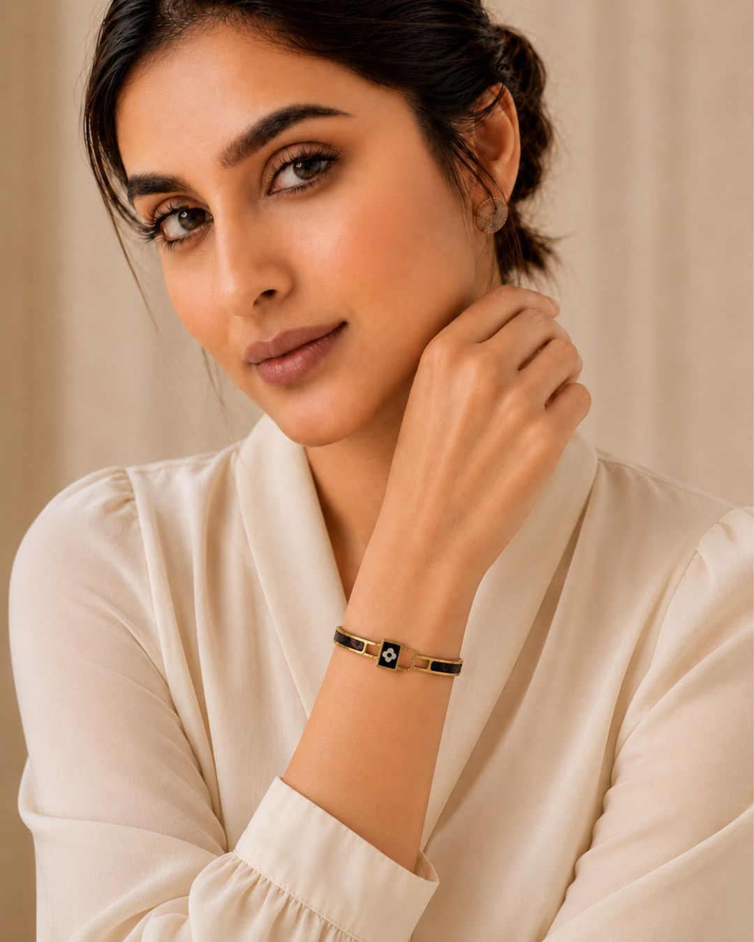 Stainless Steel Gold Black Flower Cuff Bracelet