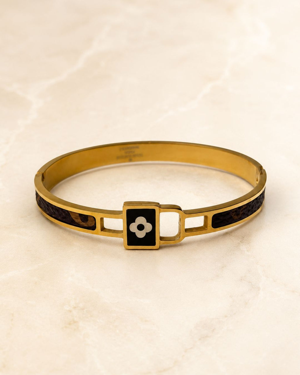 Stainless Steel Gold Black Flower Cuff Bracelet