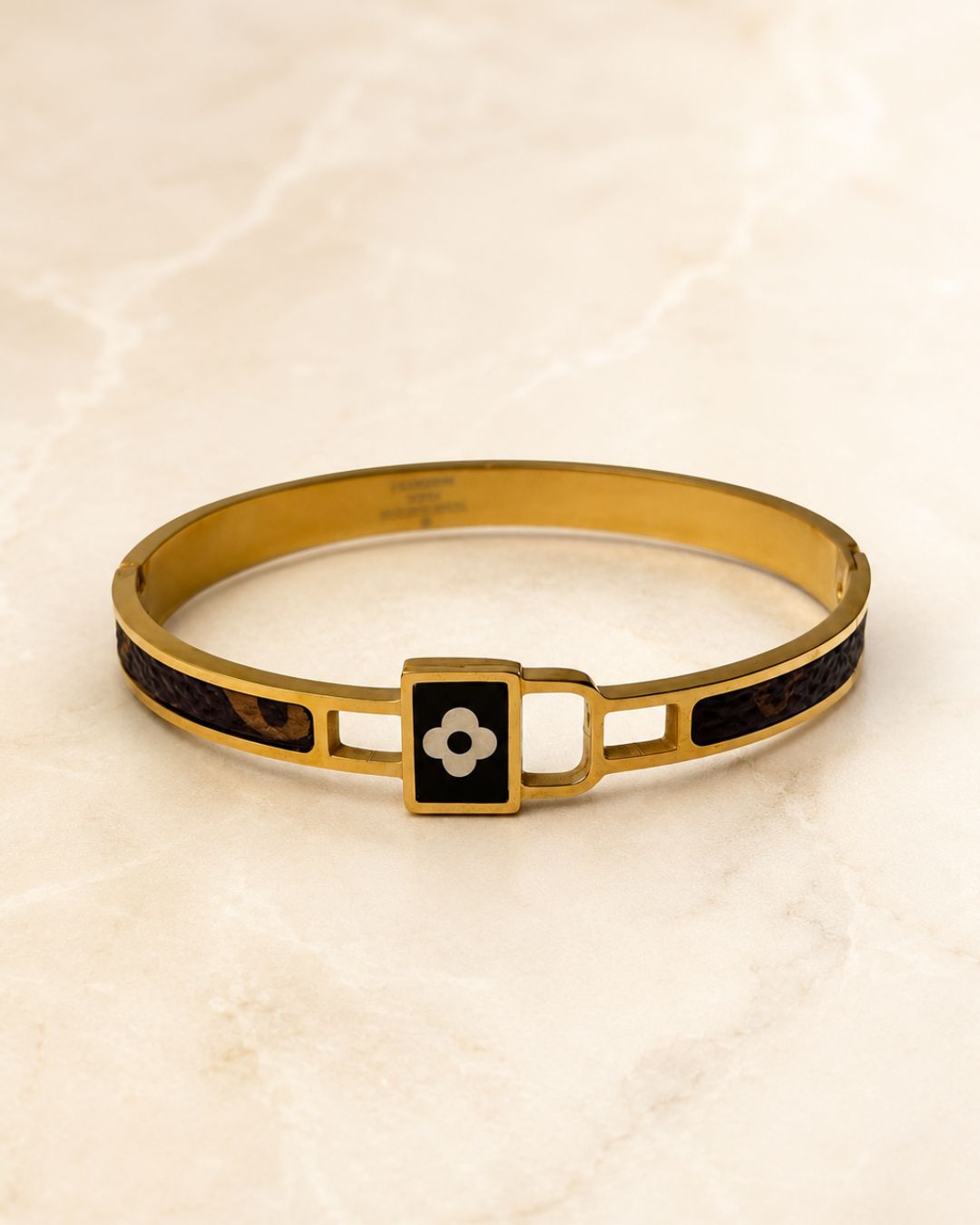 Stainless Steel Gold Black Flower Cuff Bracelet