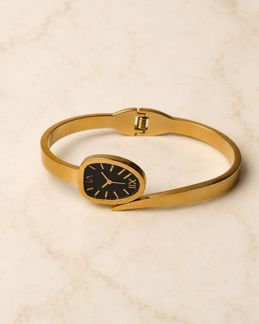 Stainless Steel Gold Black Dial Cuff Bracelet Watch Style