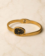 Stainless Steel Gold Black Dial Cuff Bracelet Watch Style
