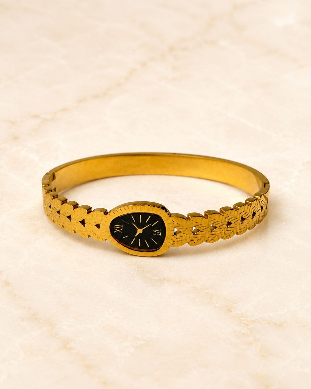 Stainless Steel Gold Black Dial Style Cuff Bracelet