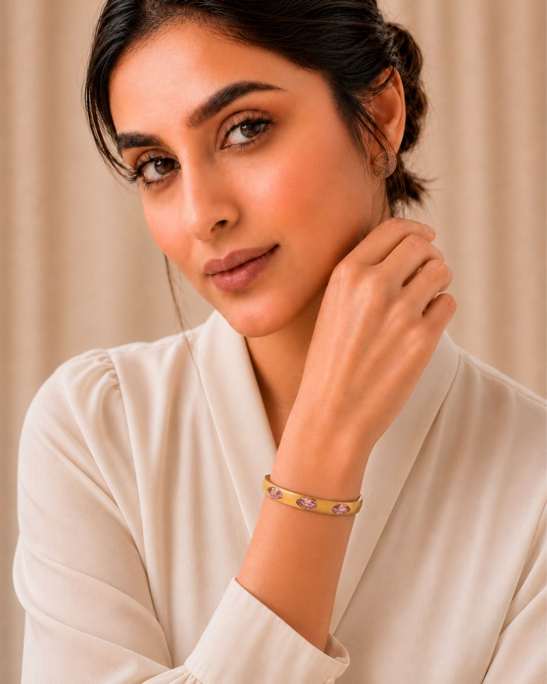 Stainless Steel Gold Oval Stone Cuff Bracelet