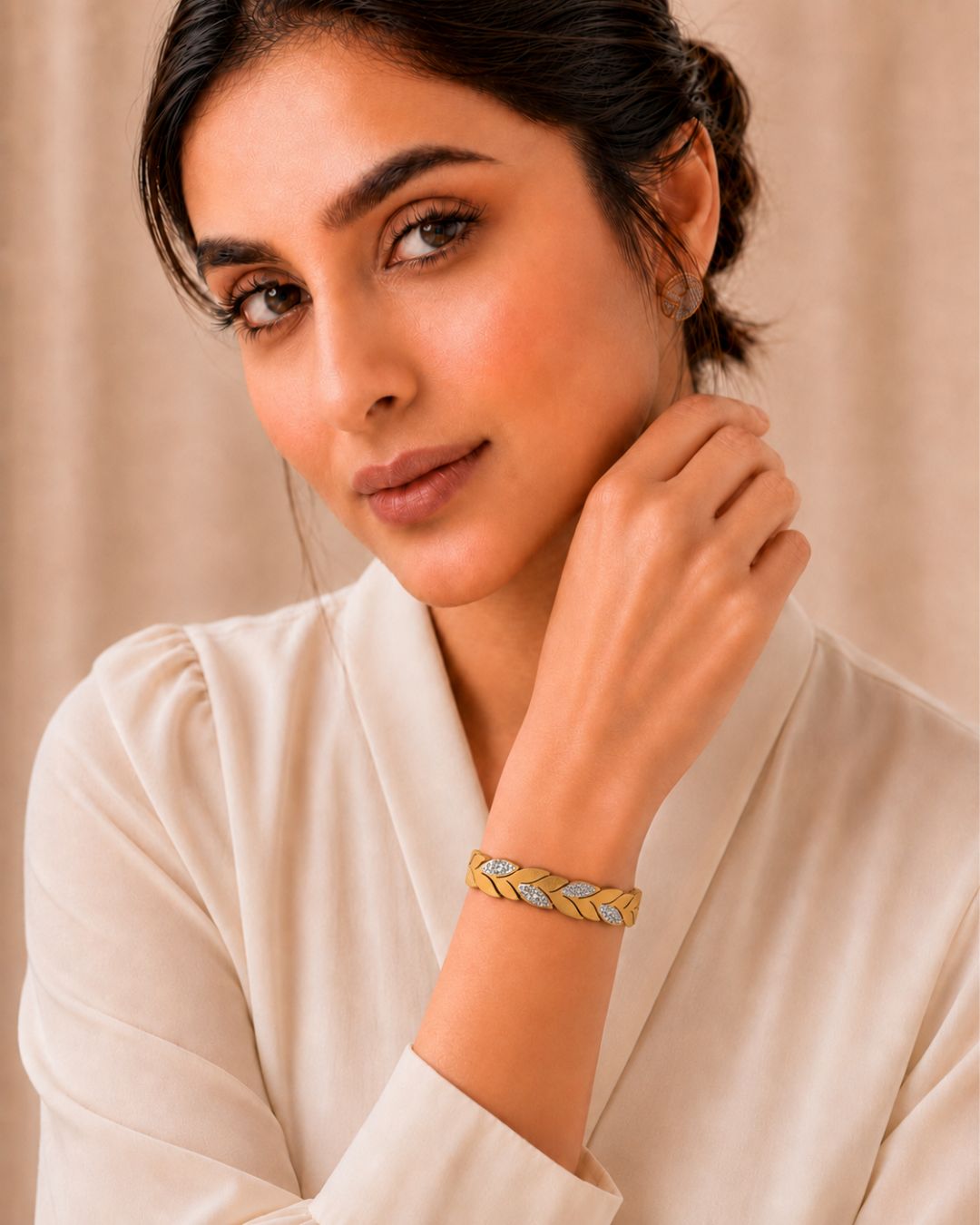 Stainless Steel Gold Leaf Crystal Cuff Bracelet