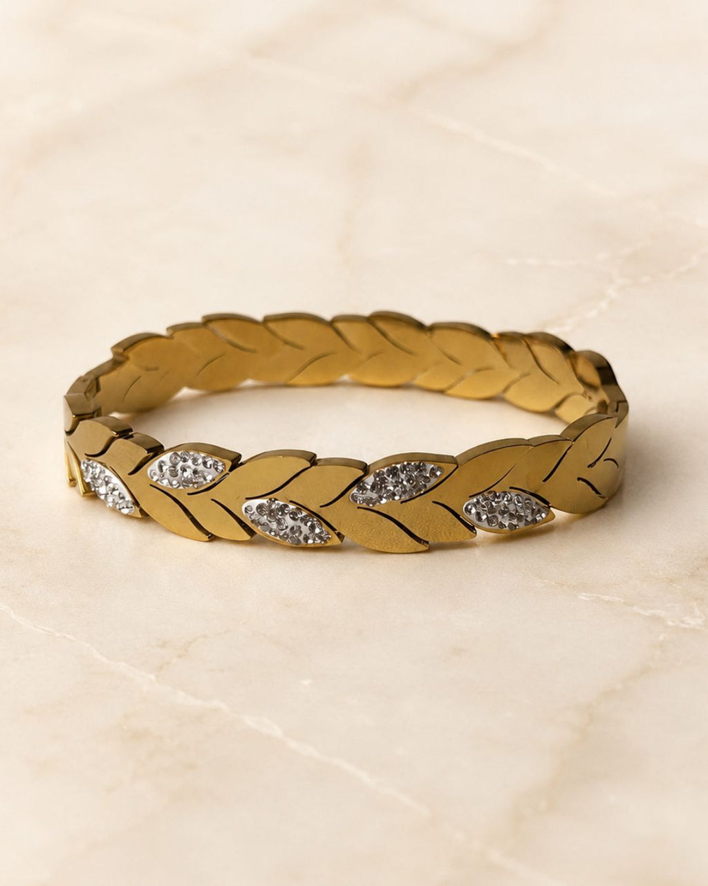 Stainless Steel Gold Leaf Crystal Cuff Bracelet