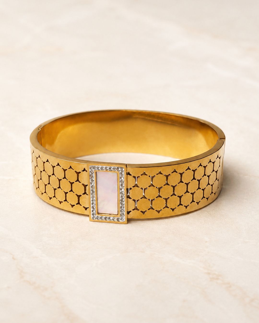 Stainless Steel Gold Rectangular Stone Cuff Bracelet