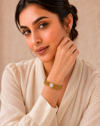 Stainless Steel Gold Ribbed Square Accent Cuff Bracelet