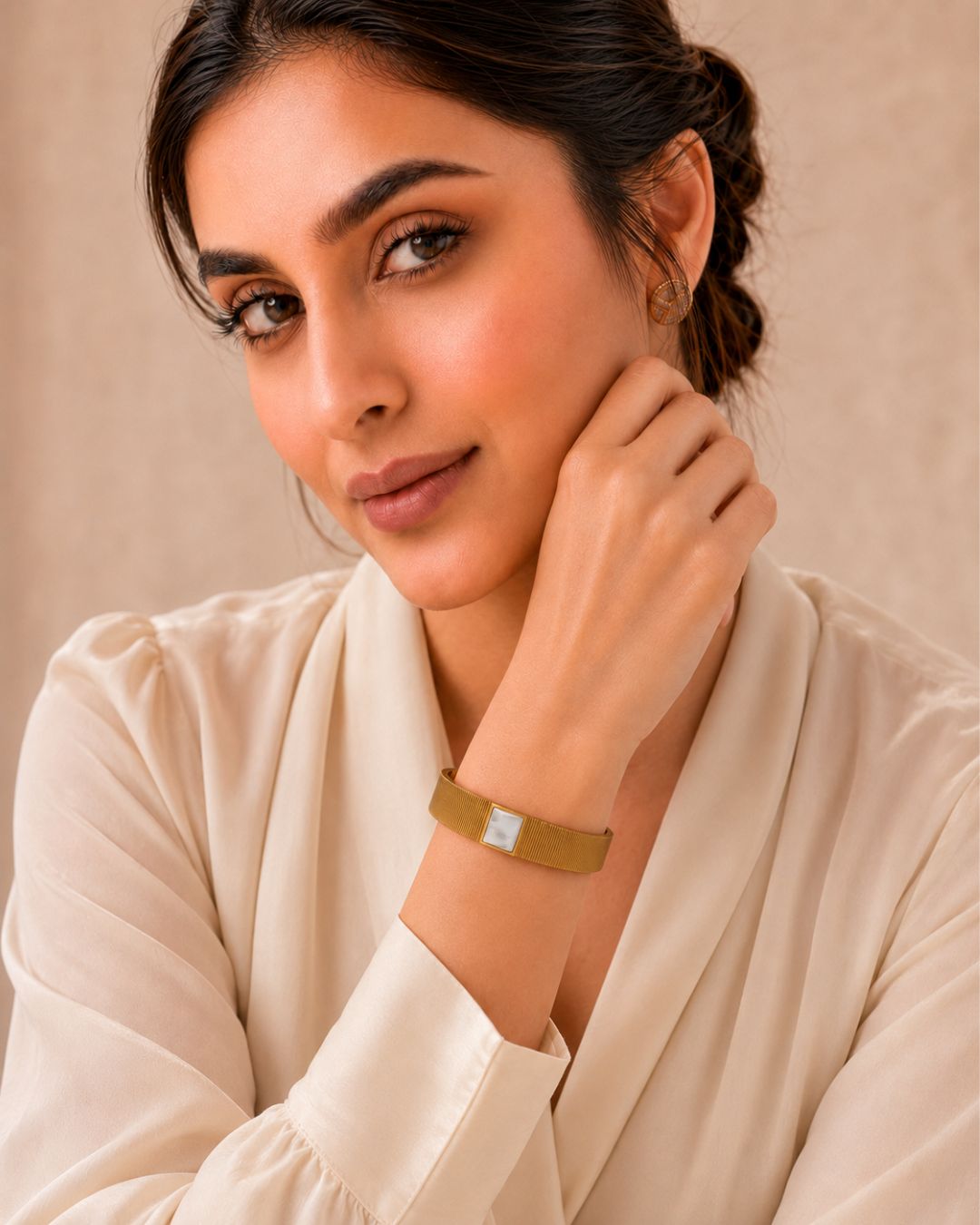 Stainless Steel Gold Ribbed Square Accent Cuff Bracelet