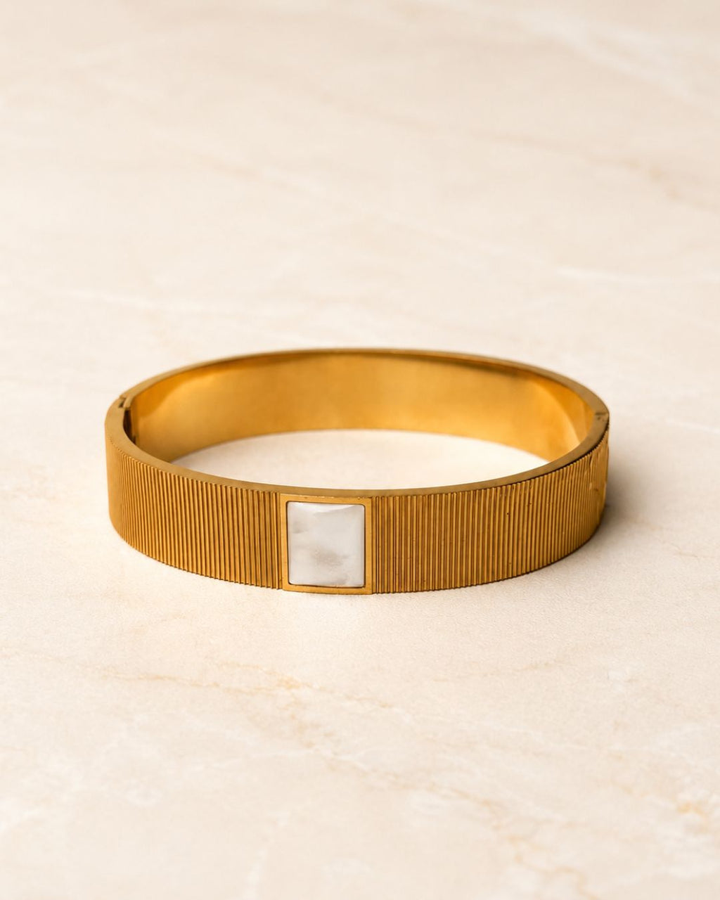 Stainless Steel Gold Ribbed Square Accent Cuff Bracelet