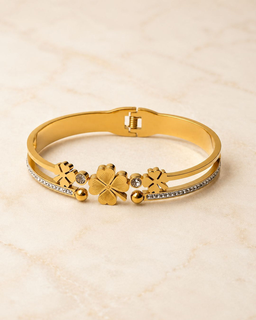 Stainless Steel Gold Floral Crystal Cuff Bracelet