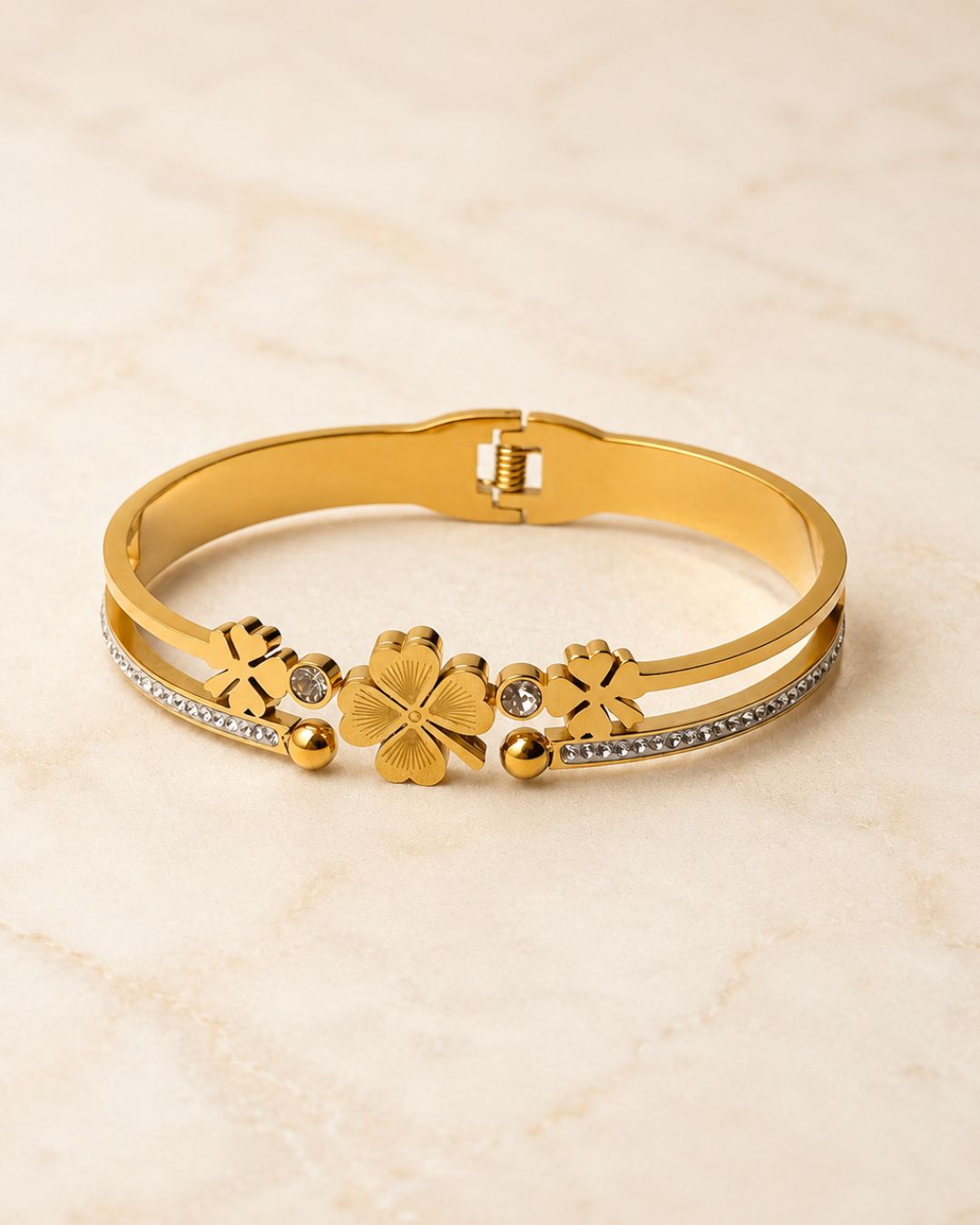 Stainless Steel Gold Floral Crystal Cuff Bracelet