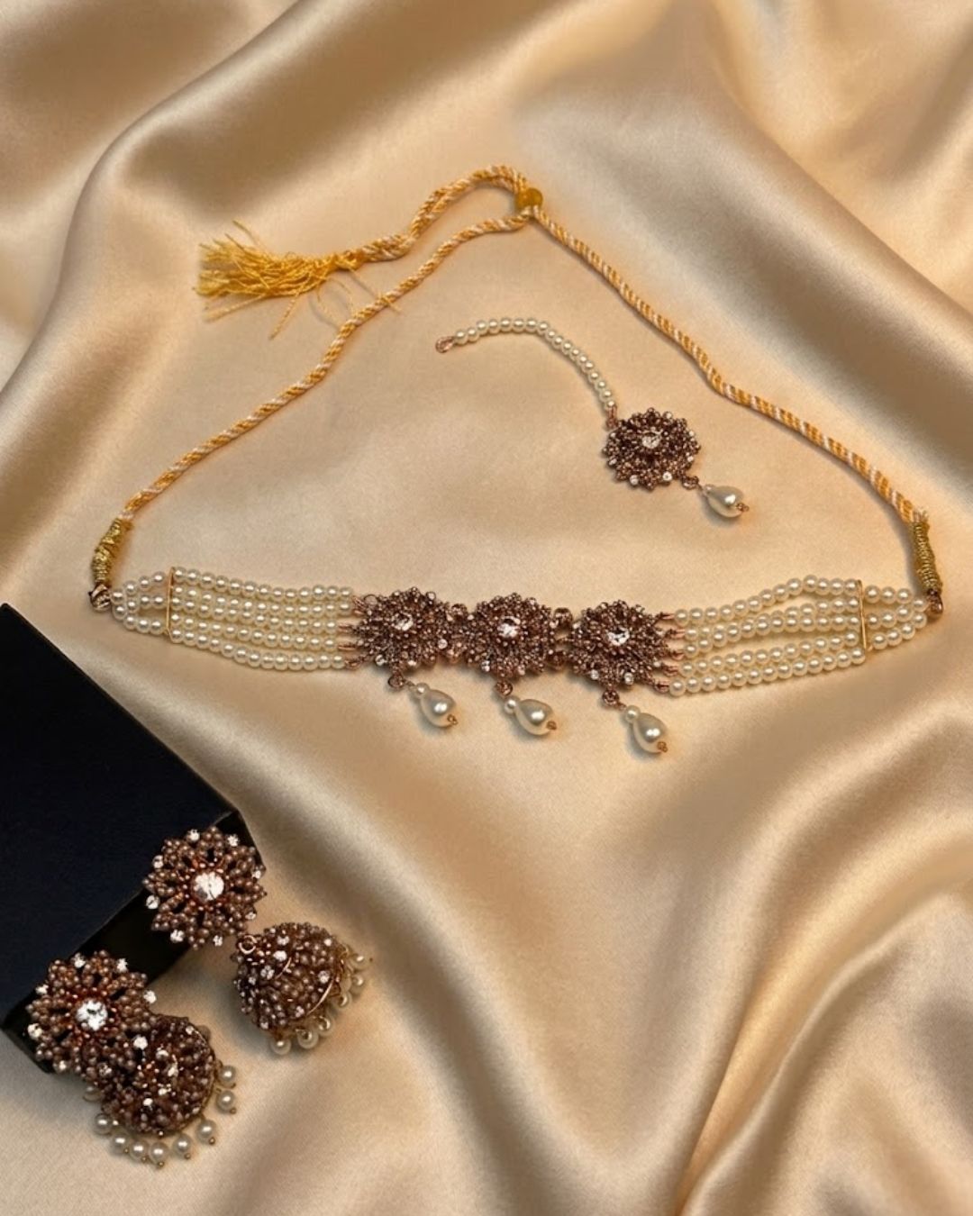 Floral Pearl Choker Set with Jhumka Earrings & Tikka