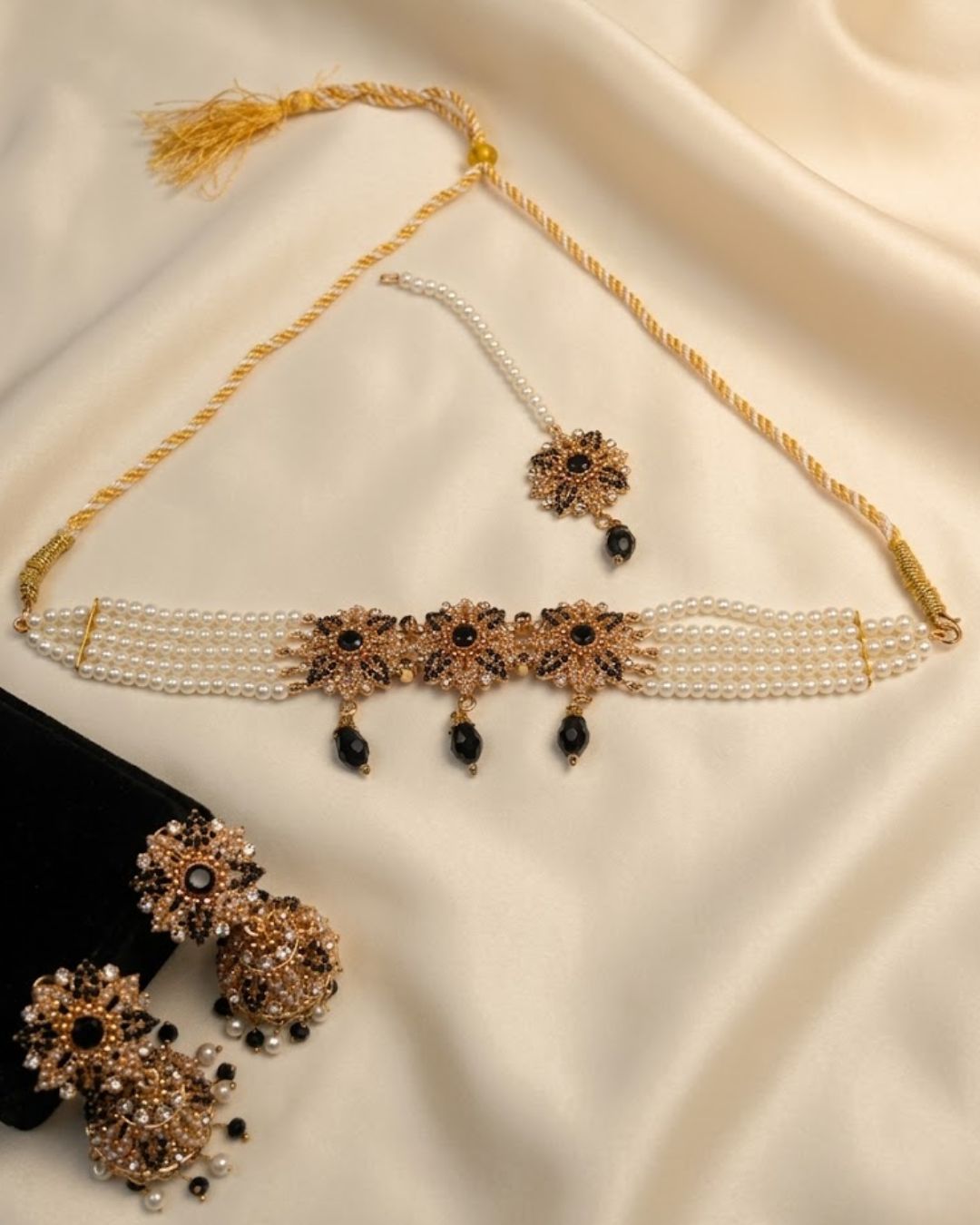 Floral Pearl Choker Set with Jhumka Earrings & Tikka