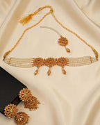 Floral Pearl Choker Set with Jhumka Earrings & Tikka
