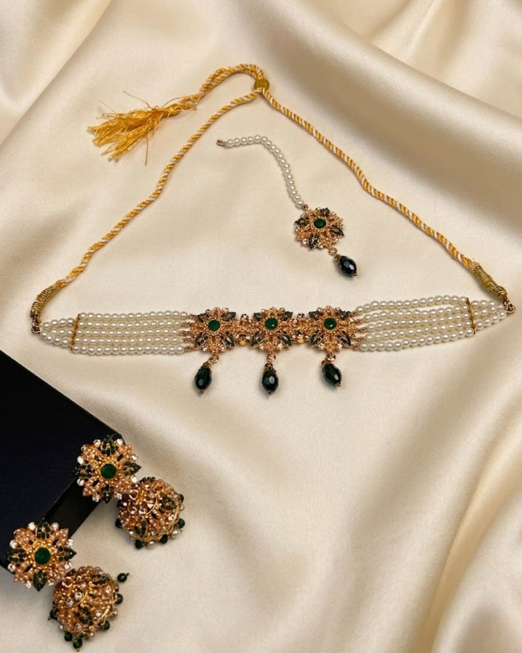 Floral Pearl Choker Set with Jhumka Earrings & Tikka