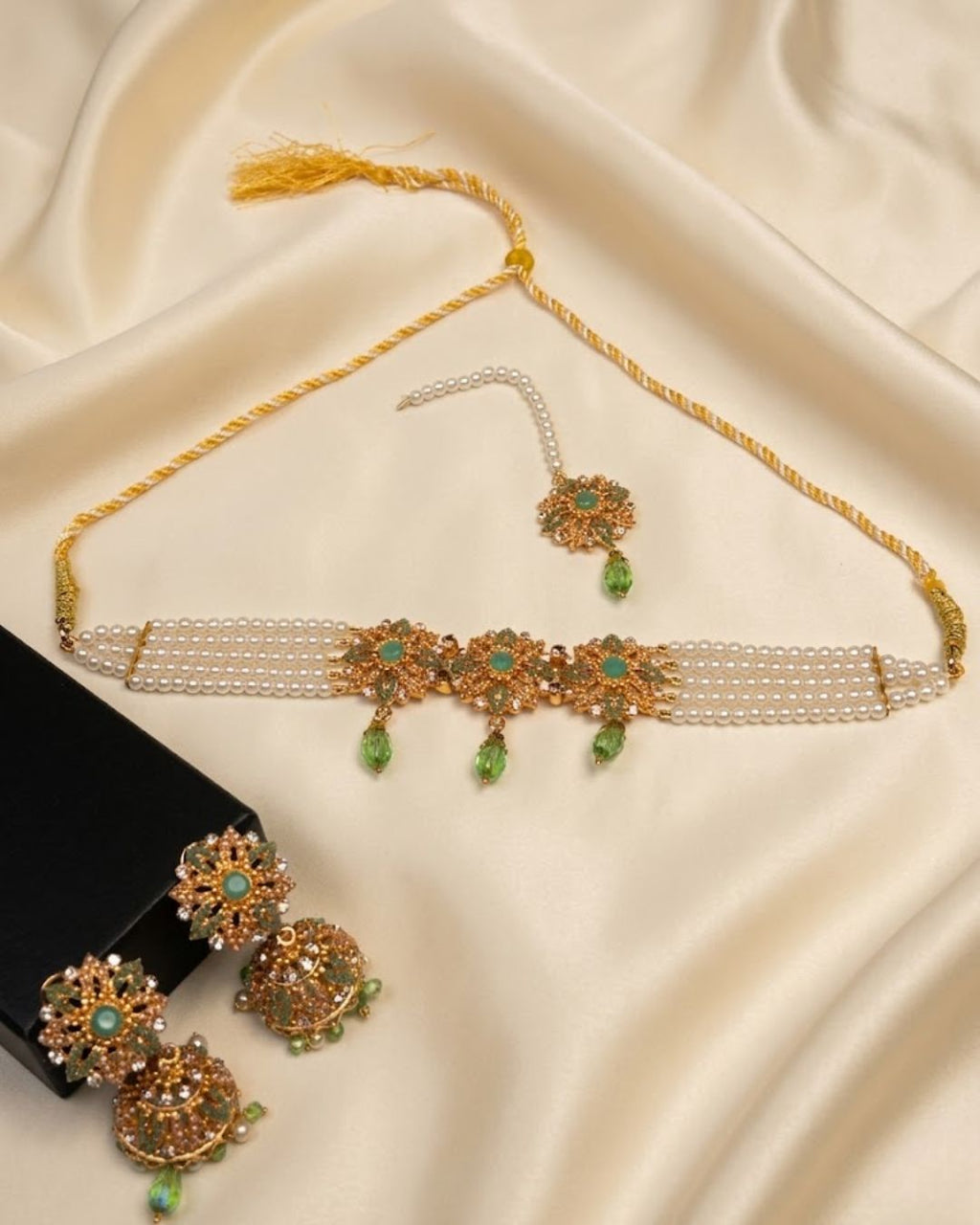 Floral Pearl Choker Set with Jhumka Earrings & Tikka