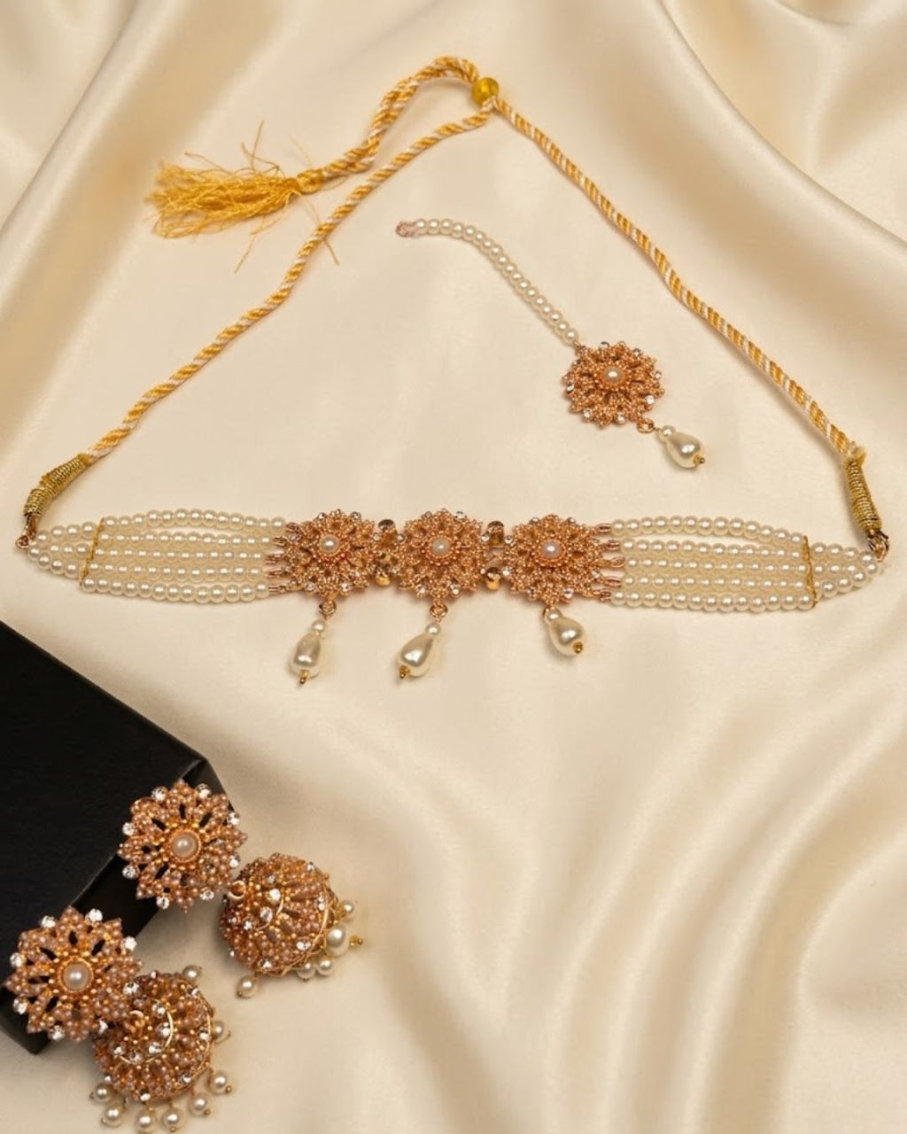Floral Pearl Choker Set with Jhumka Earrings & Tikka