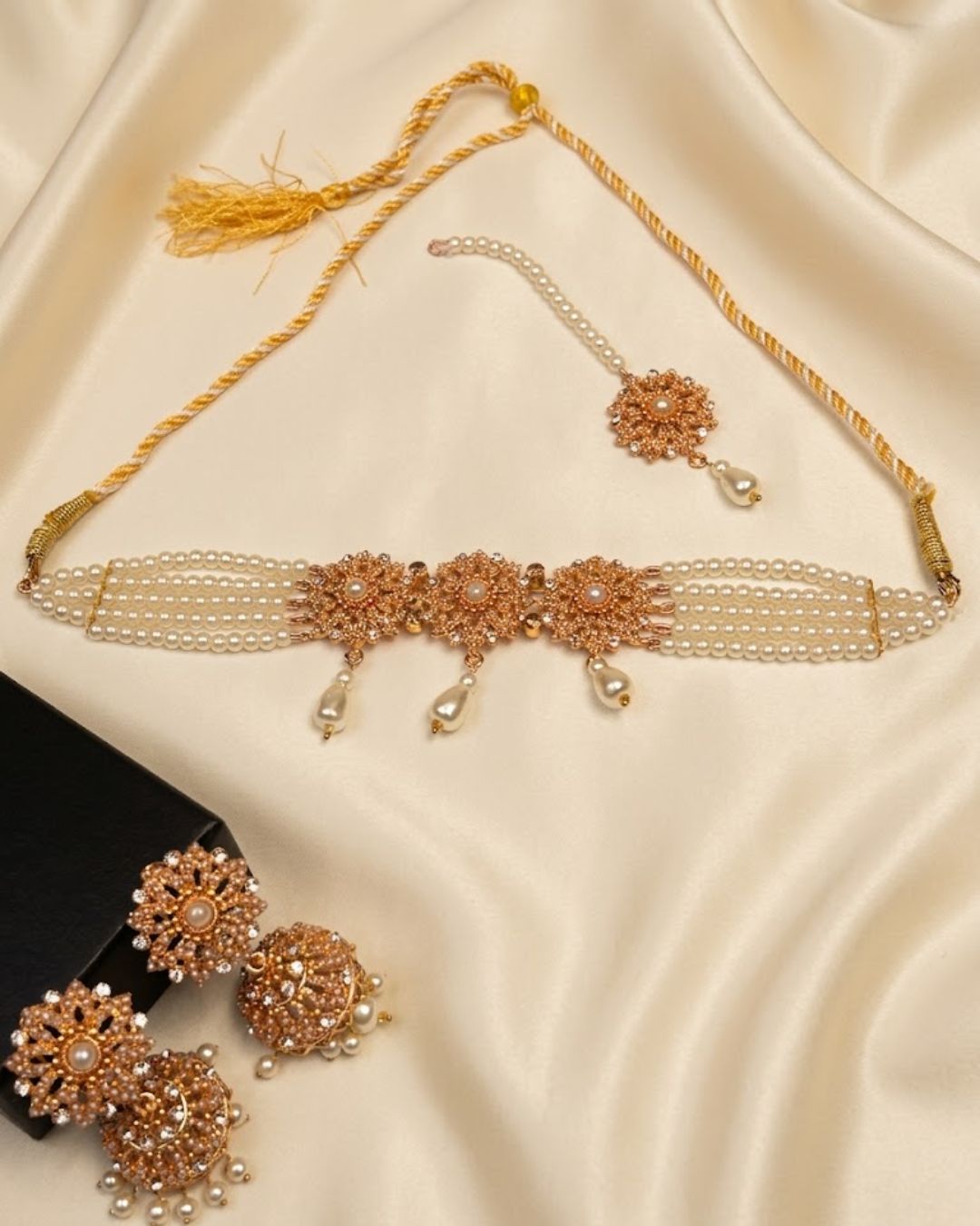 Floral Pearl Choker Set with Jhumka Earrings & Tikka