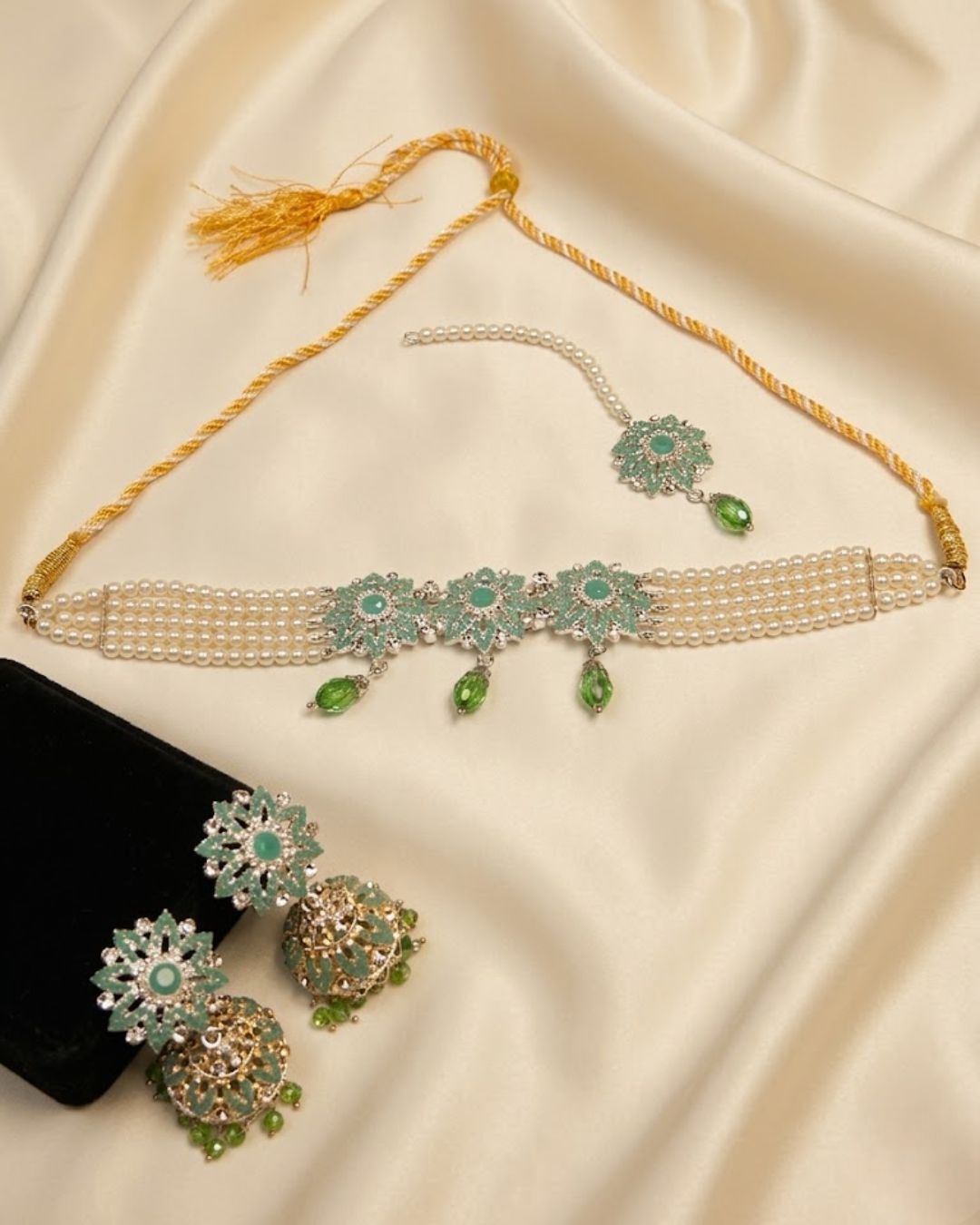 Floral Pearl Choker Set with Jhumka Earrings & Tikka
