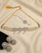 Floral Pearl Choker Set with Jhumka Earrings & Tikka