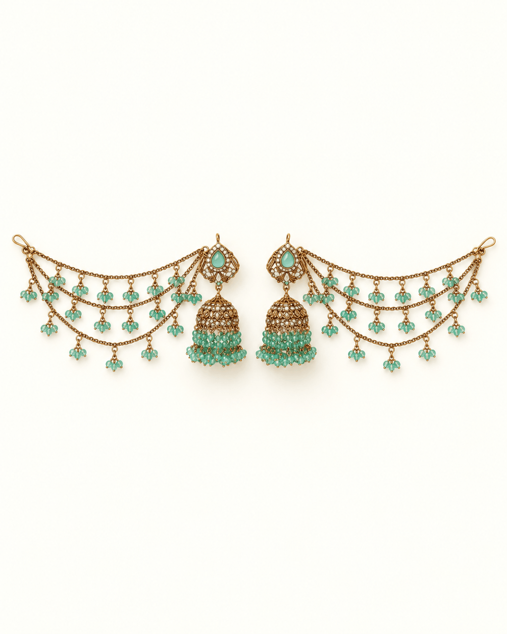 Traditional Sahara Jhumka Earrings with Triple Layered Hair Chains