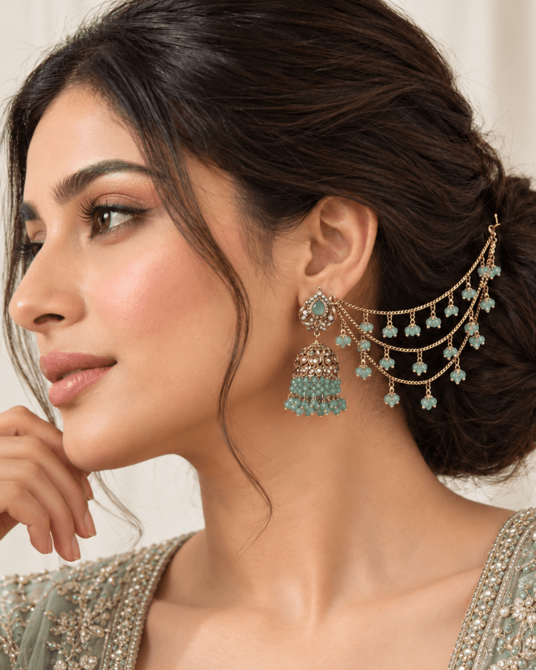Traditional Sahara Jhumka Earrings with Triple Layered Hair Chains