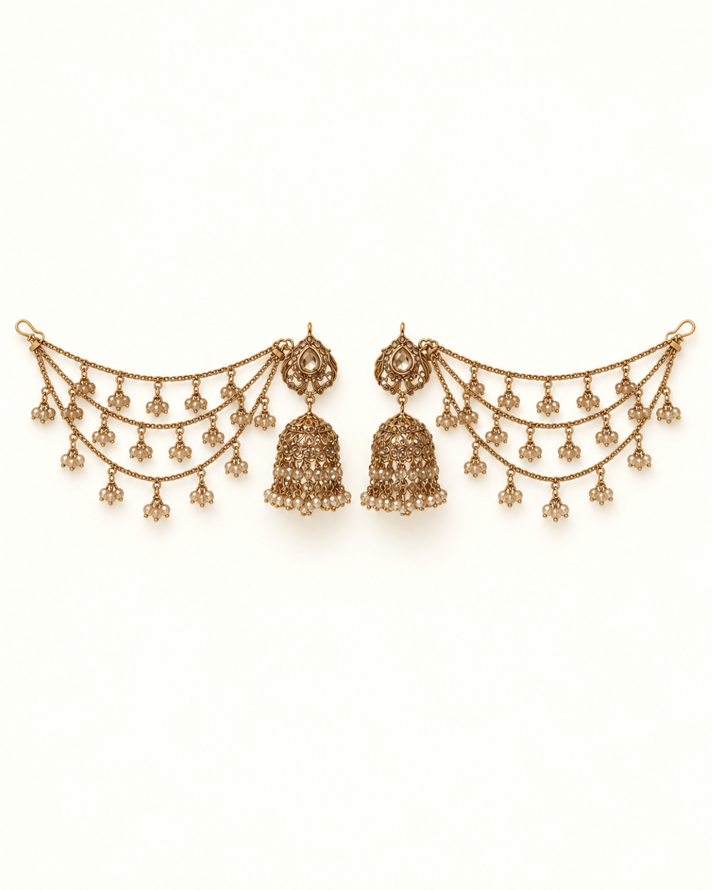Traditional Sahara Jhumka Earrings with Triple Layered Hair Chains