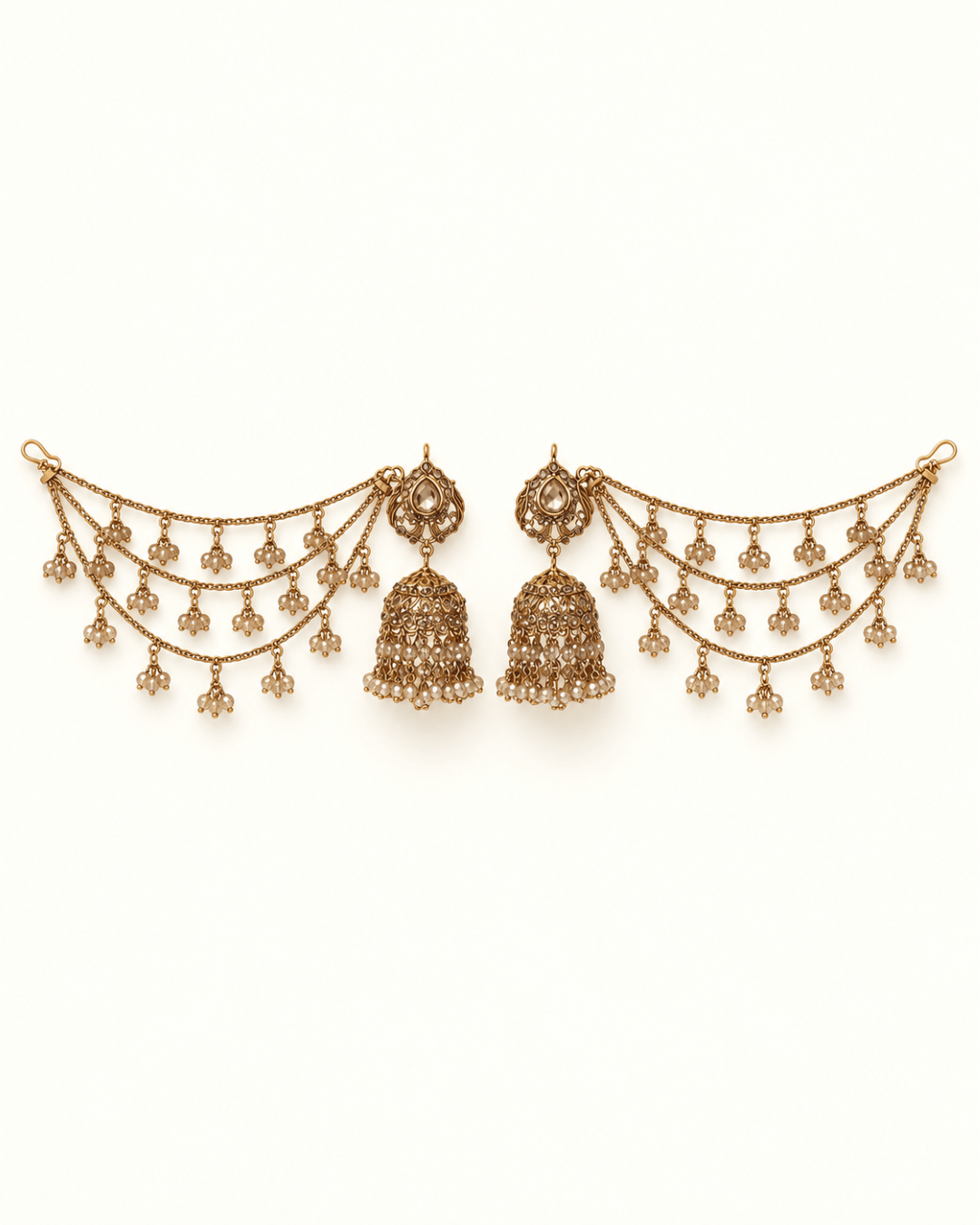 Traditional Sahara Jhumka Earrings with Triple Layered Hair Chains