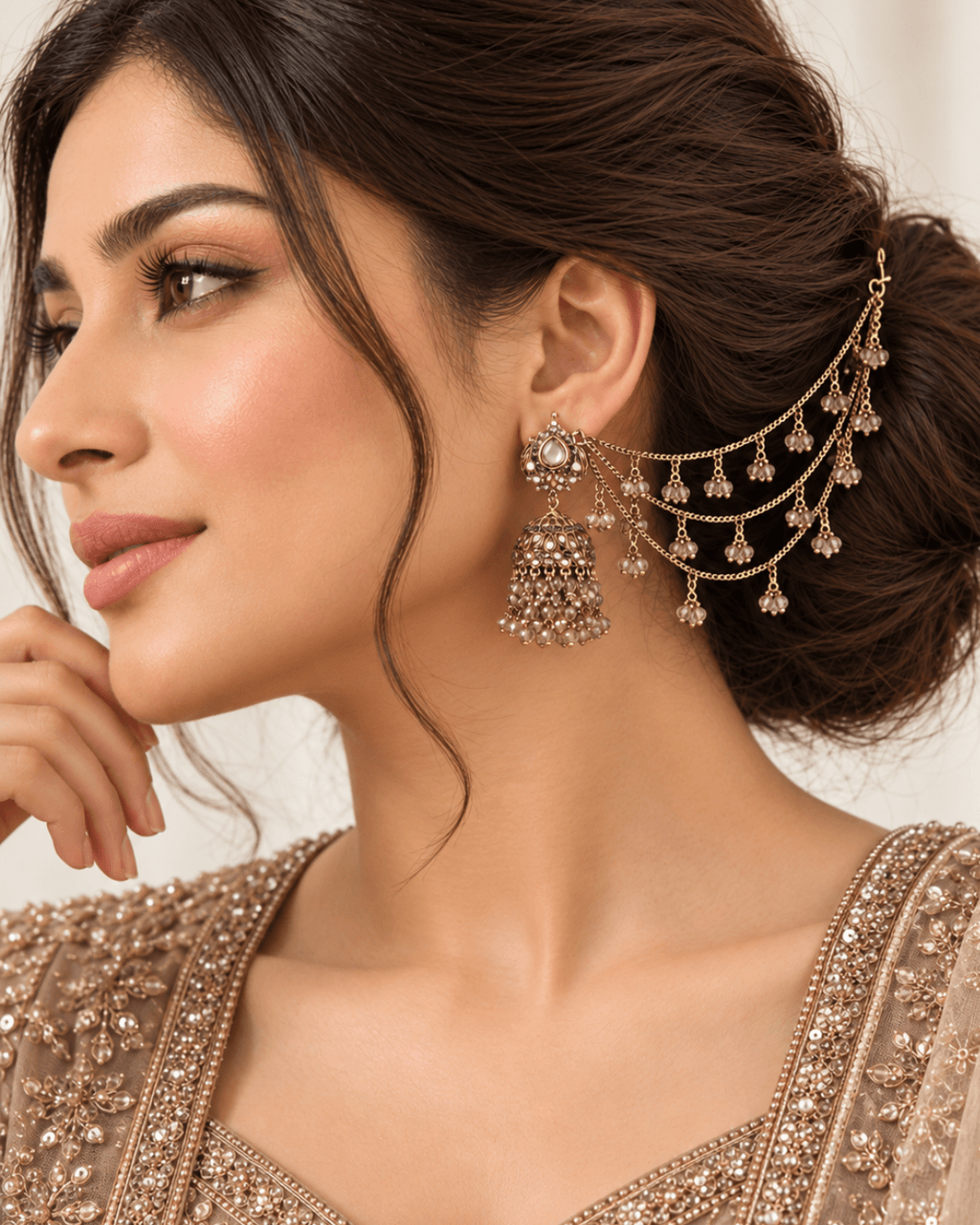 Traditional Sahara Jhumka Earrings with Triple Layered Hair Chains