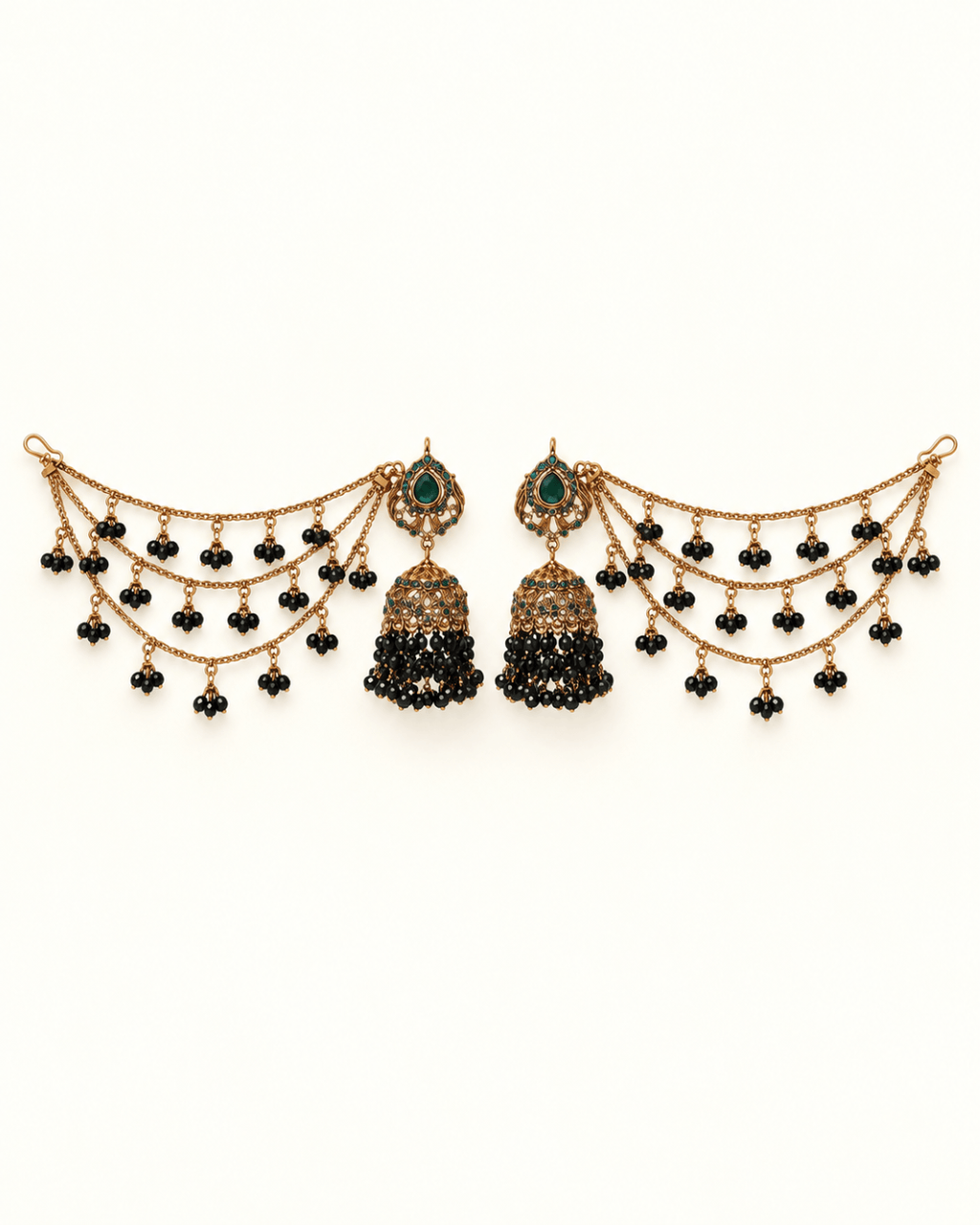 Traditional Sahara Jhumka Earrings with Triple Layered Hair Chains