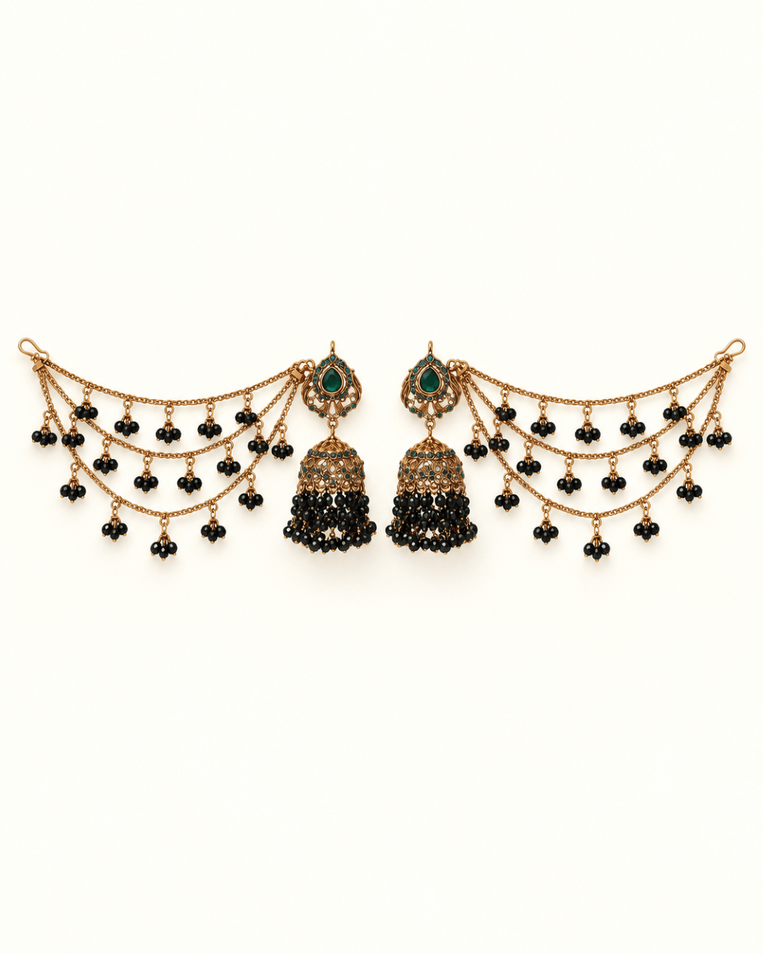 Traditional Sahara Jhumka Earrings with Triple Layered Hair Chains