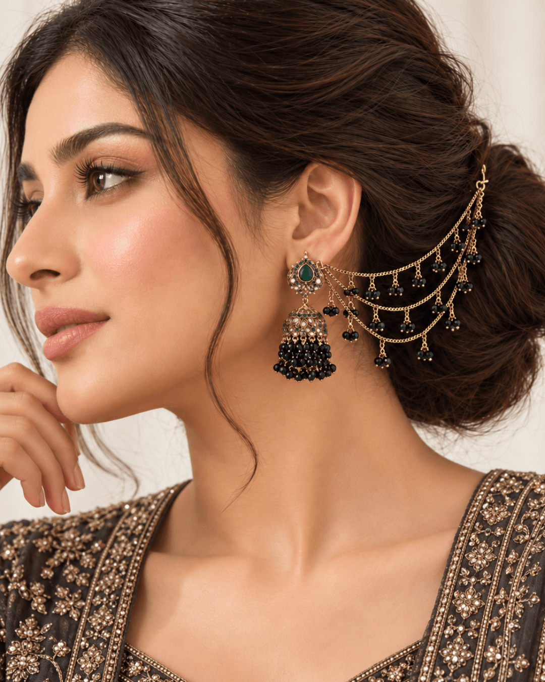 Traditional Sahara Jhumka Earrings with Triple Layered Hair Chains