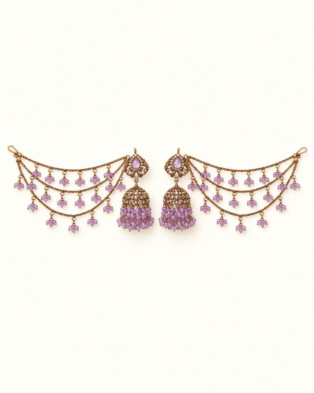 Traditional Sahara Jhumka Earrings with Triple Layered Hair Chains