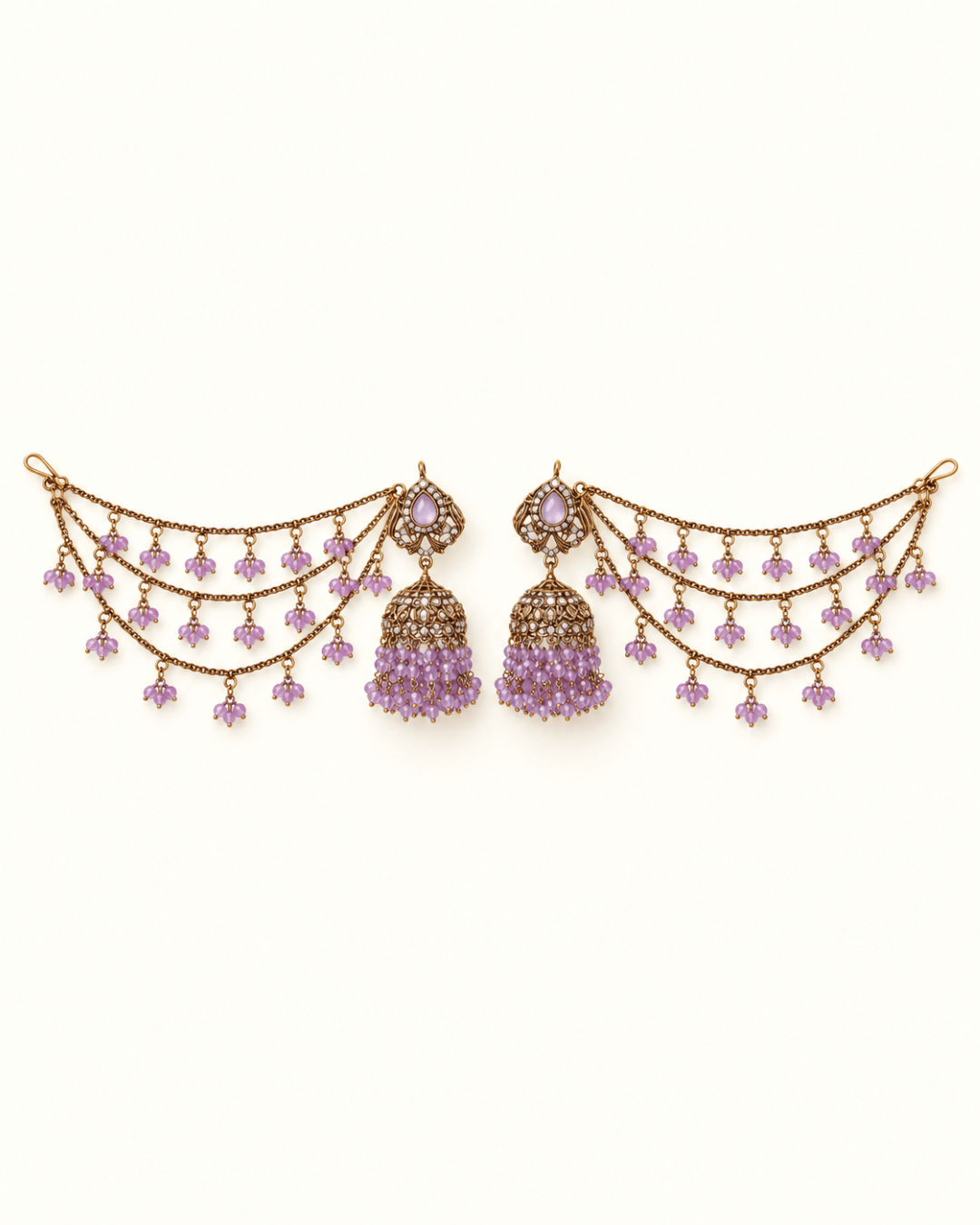 Traditional Sahara Jhumka Earrings with Triple Layered Hair Chains