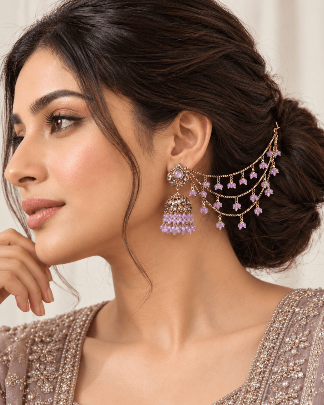 Traditional Sahara Jhumka Earrings with Triple Layered Hair Chains
