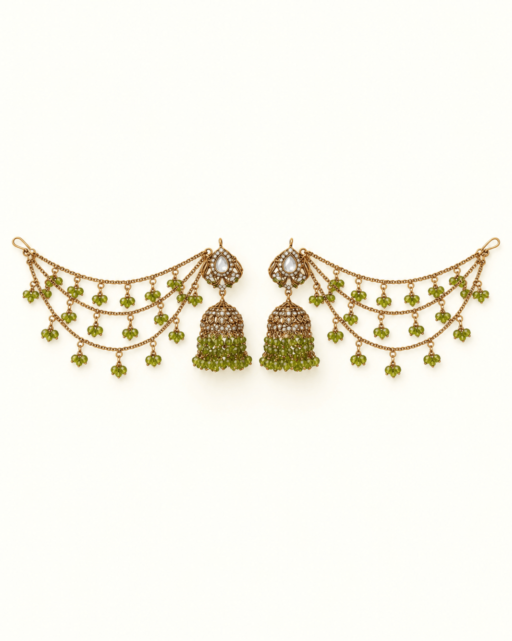 Traditional Sahara Jhumka Earrings with Triple Layered Hair Chains