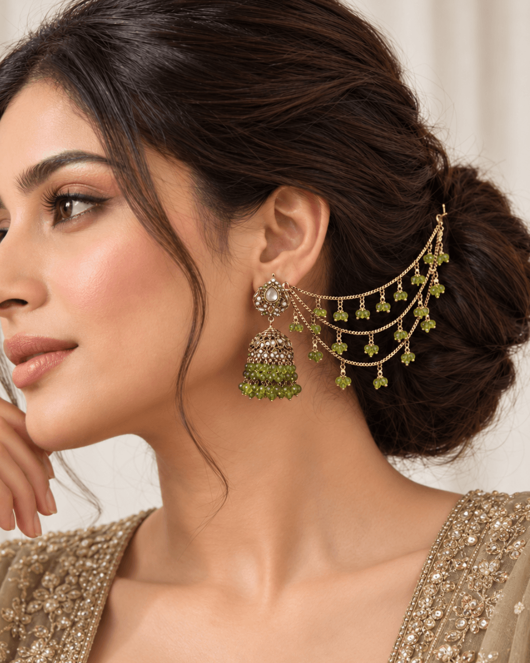 Traditional Sahara Jhumka Earrings with Triple Layered Hair Chains