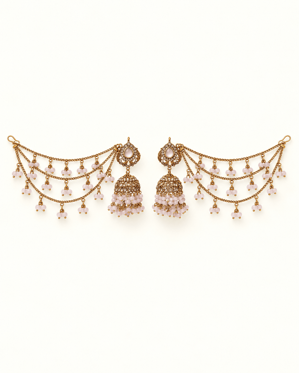 Traditional Sahara Jhumka Earrings with Triple Layered Hair Chains