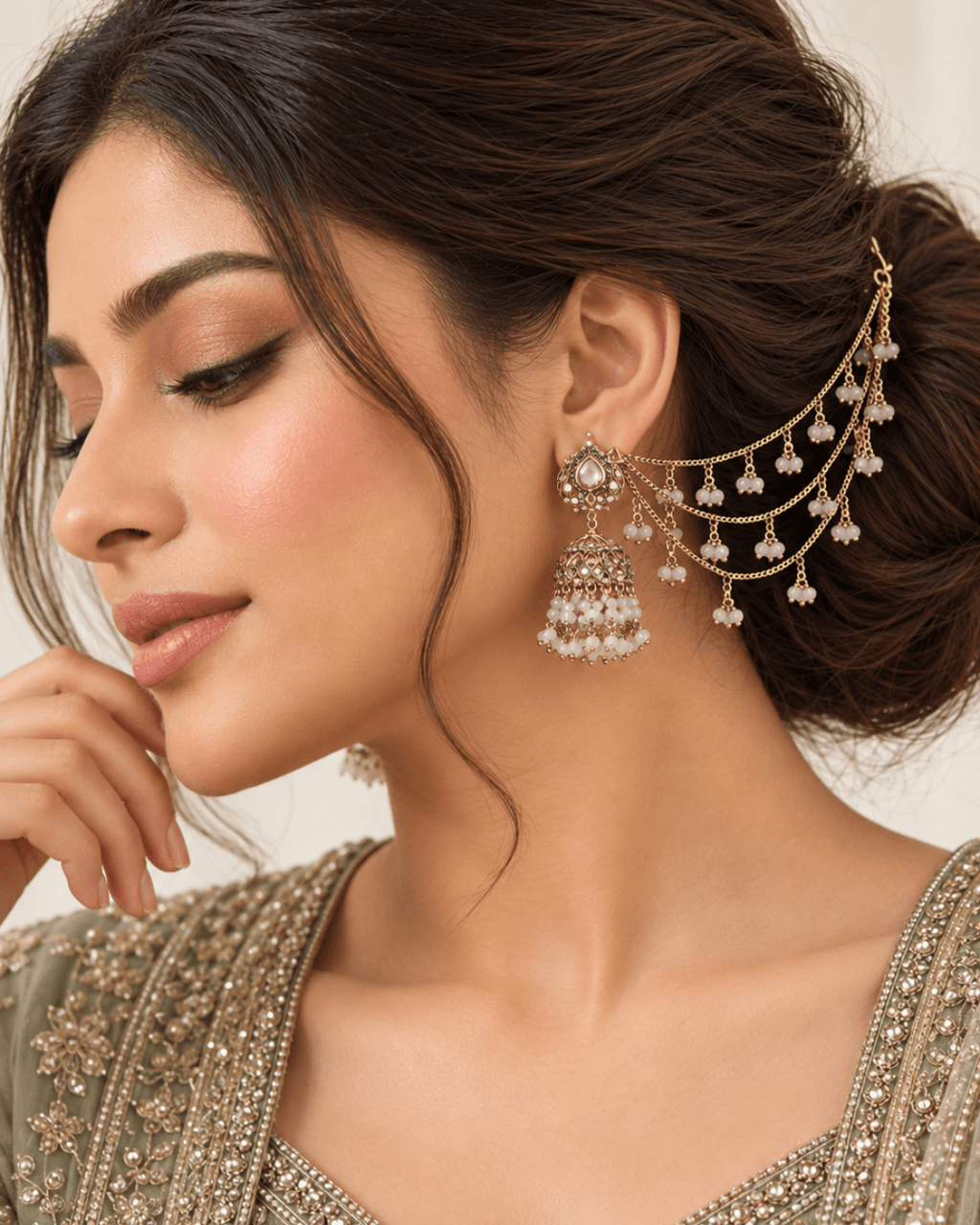Traditional Sahara Jhumka Earrings with Triple Layered Hair Chains